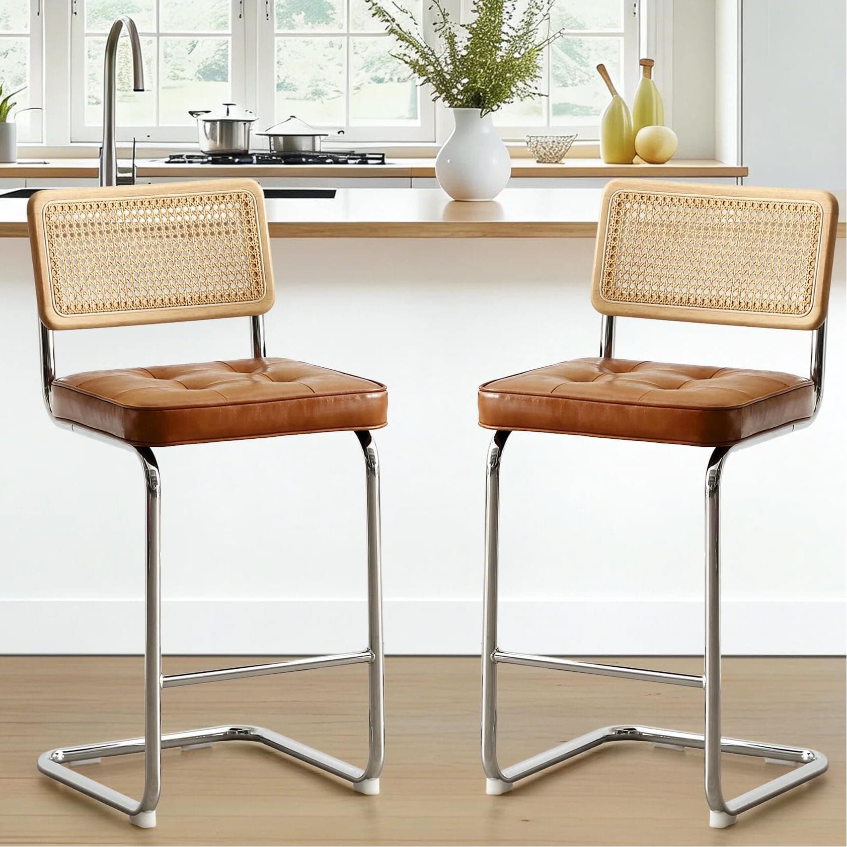 Zesthouse Natural Rattan Bar Stools Set of 2, Modern Counter Height Stools with Solid Wood Back, 26'' Counter Height Chairs, Mid Century Cantilevered Bar Chairs for Kitchen Island, Faux Leather Brown