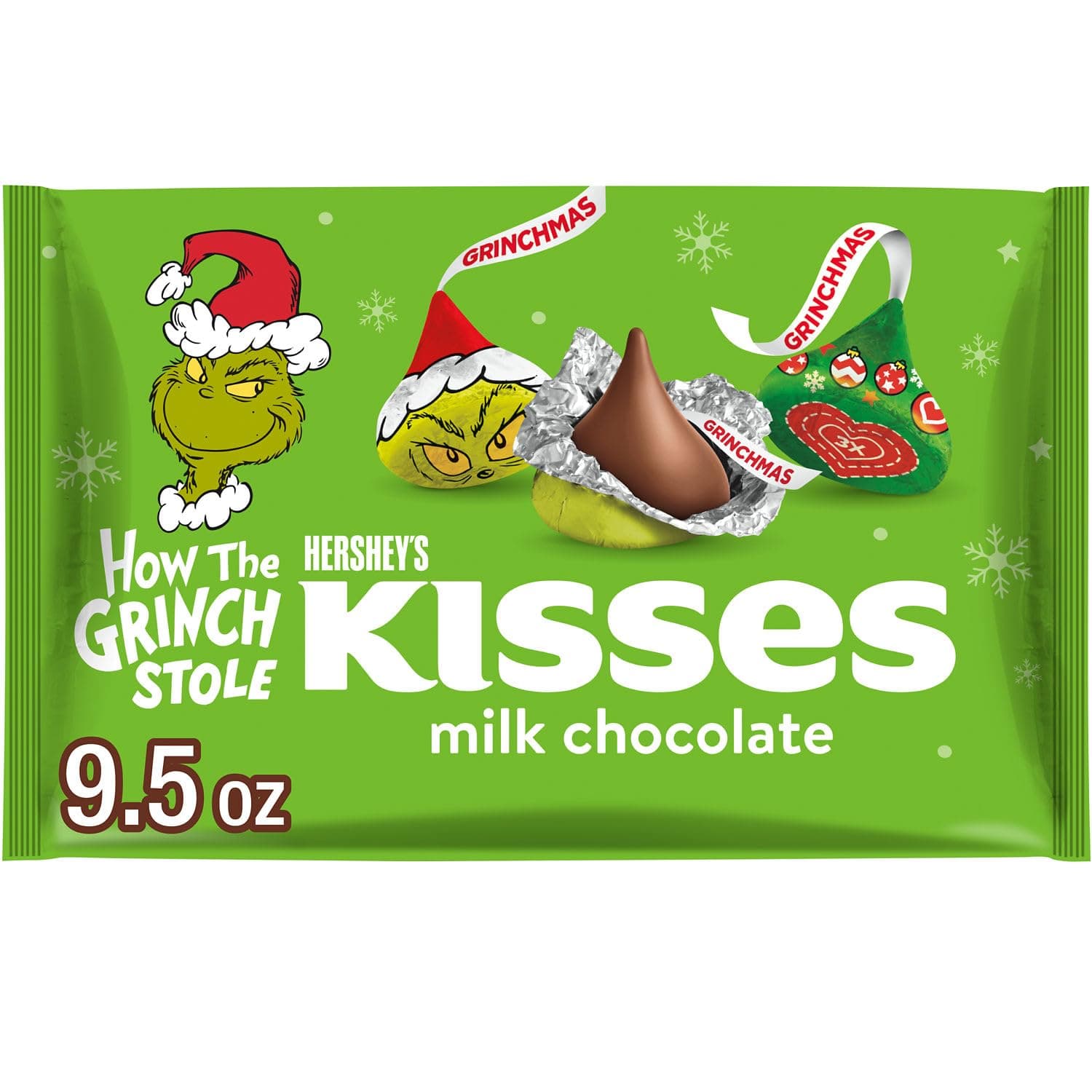 KISSES Grinch Milk Chocolate, Christmas Candy Bag, 9.5 oz