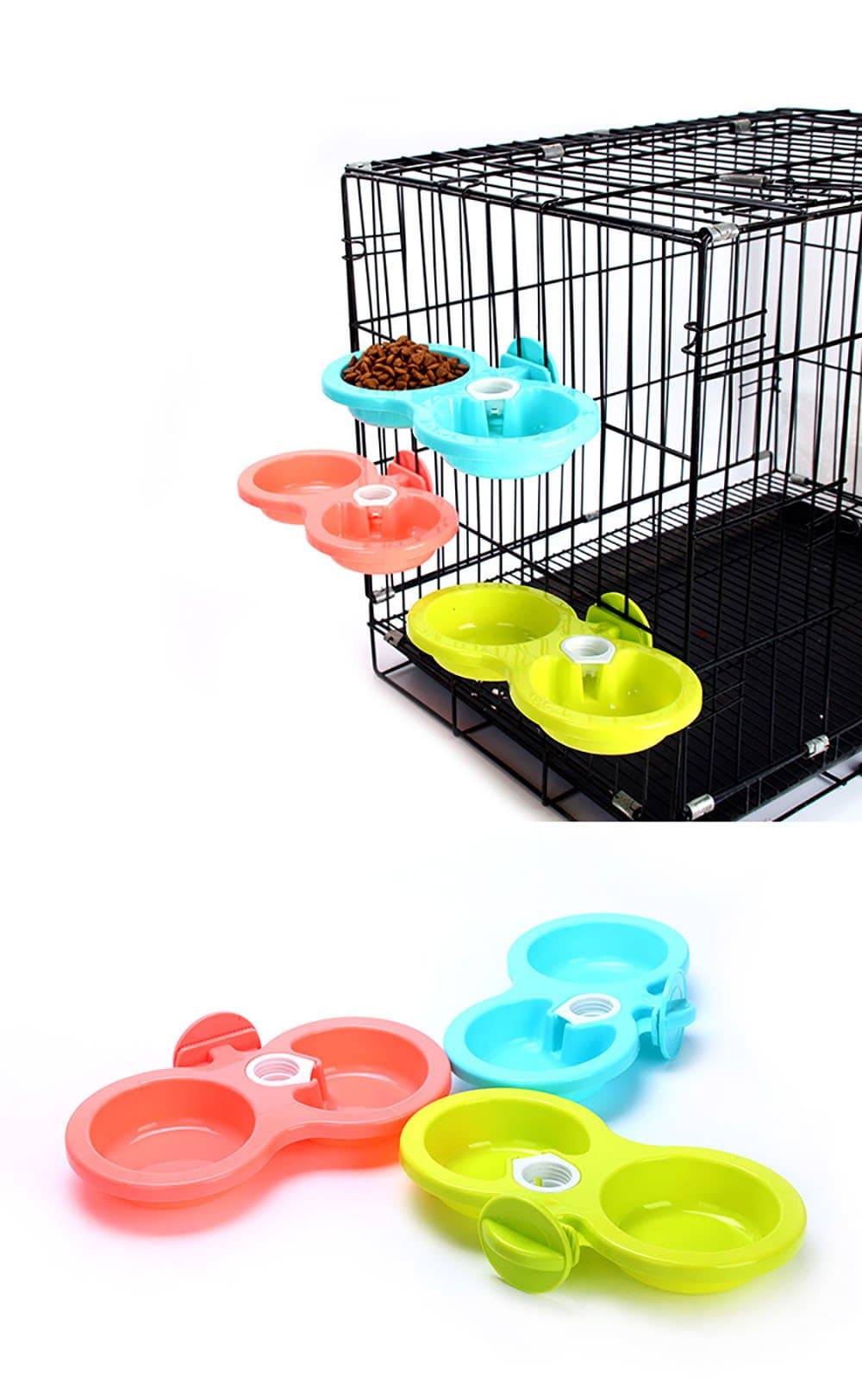 Pet Food Water Bowl Hanging in Cage Double Feeding Station, Plastic Pet Dog Puppy Cat Automatic Water Food Dispenser Dish Bowl Feeder(Blue)