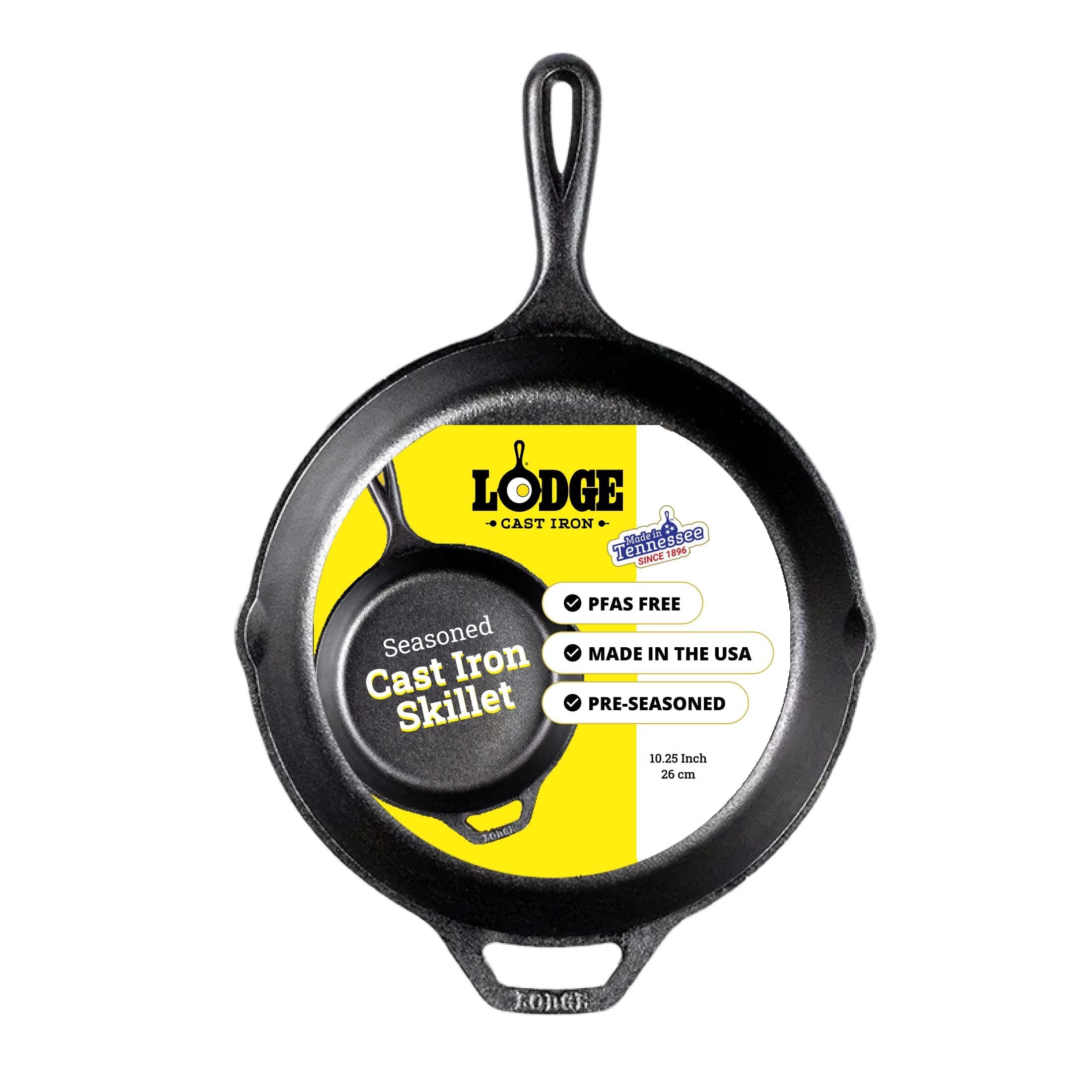 Pre-Seasoned Cast Iron Skillet for Indoor and Outdoor Use. Induction Frying Pan. Oven, Grill and Metal Utensil Safe Skillet Frying Pan with Pouring Lips. Made in The USA. 26 cm/10.25 inch