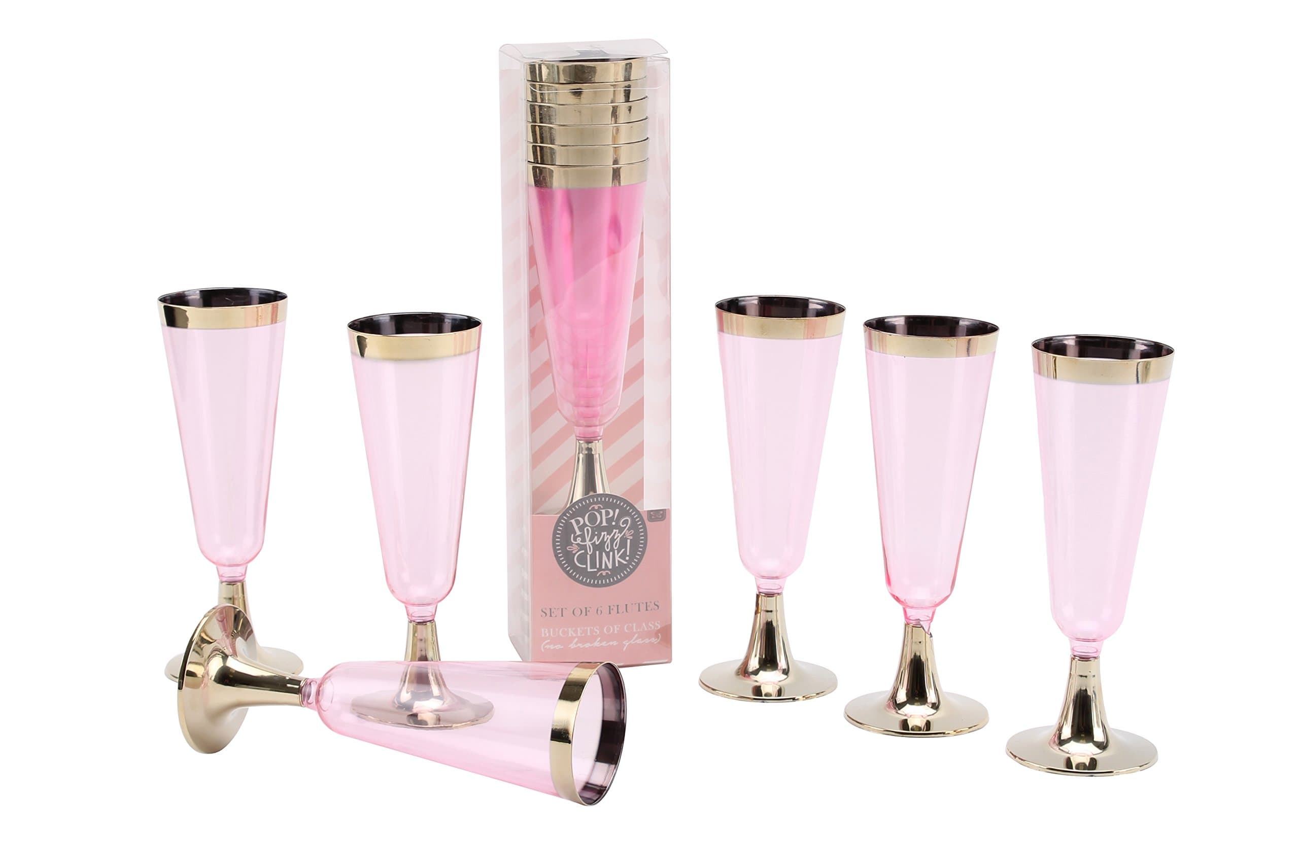 Set of 6 Pink Plastic Party Flutes Prosecco Glasses H16cm Disposable
