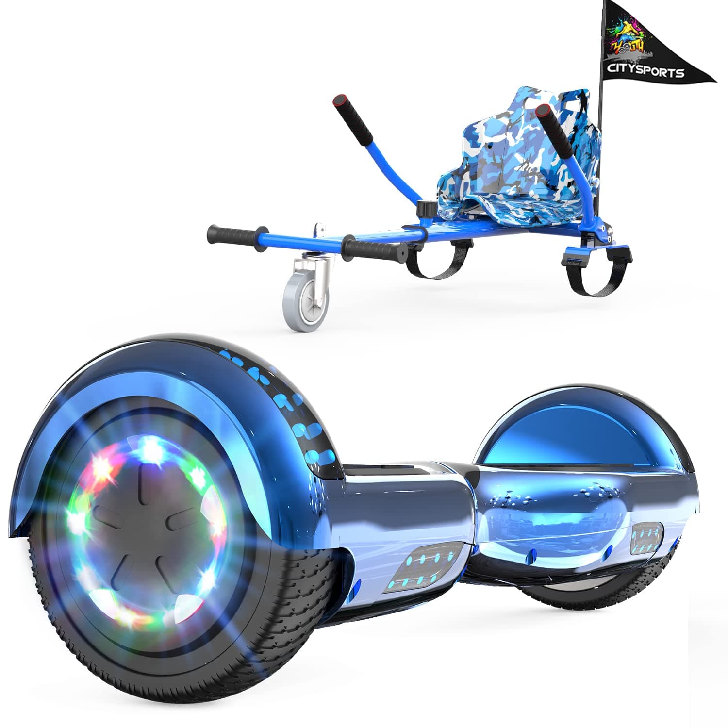 Hoverboards 6.5" with Seat & Hoverkart - LED Lights, Bluetooth Speaker, Flashing Wheels - Gift for Children