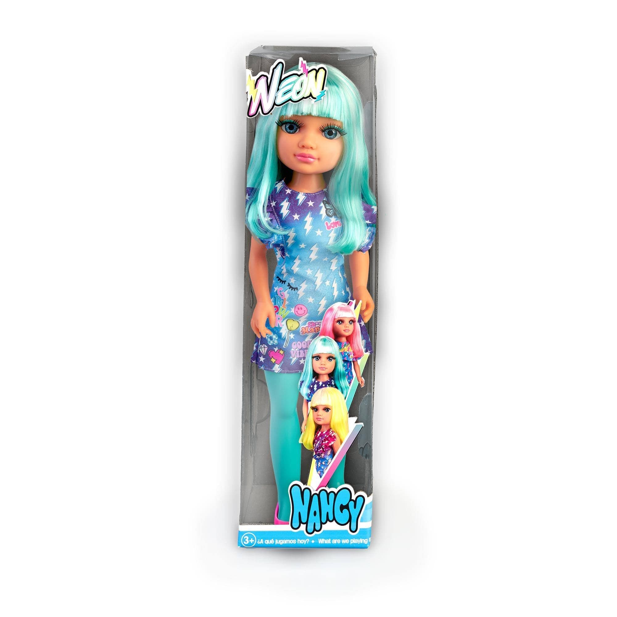 Nancy - Neon Blue, doll with striking neon blue hair, with fringes and straight hair to comb and make different modern looks, matching stockings and make-up, 3 years old, Famosa (NAC23100)