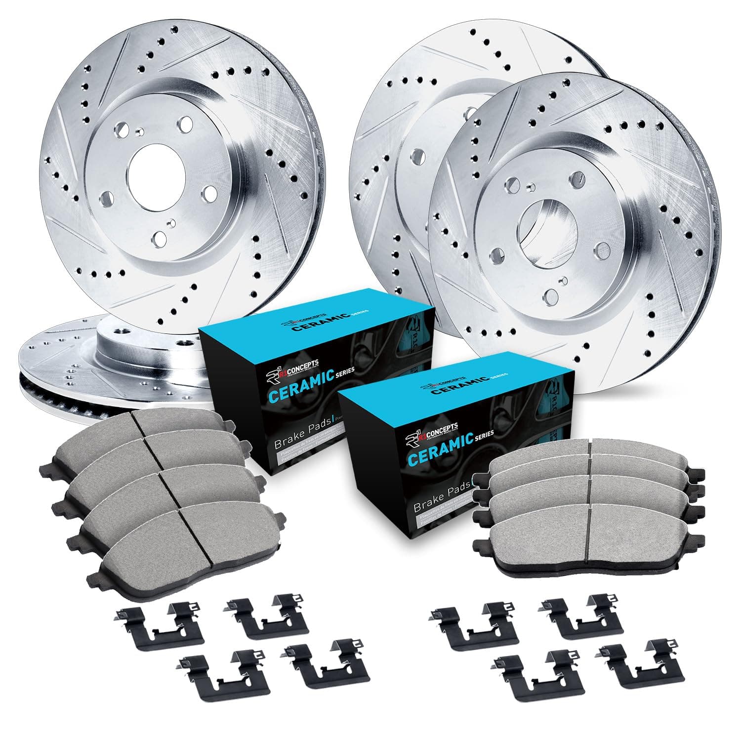 Front and Rear Brake Kit For 2008-2012 INFINITI EX35, 2013 INFINITI EX37, 2011-2012 INFINITI G25| Drilled Slotted Brake Rotors| Ceramic Brake Pads and Rotors Kit| Hardware included