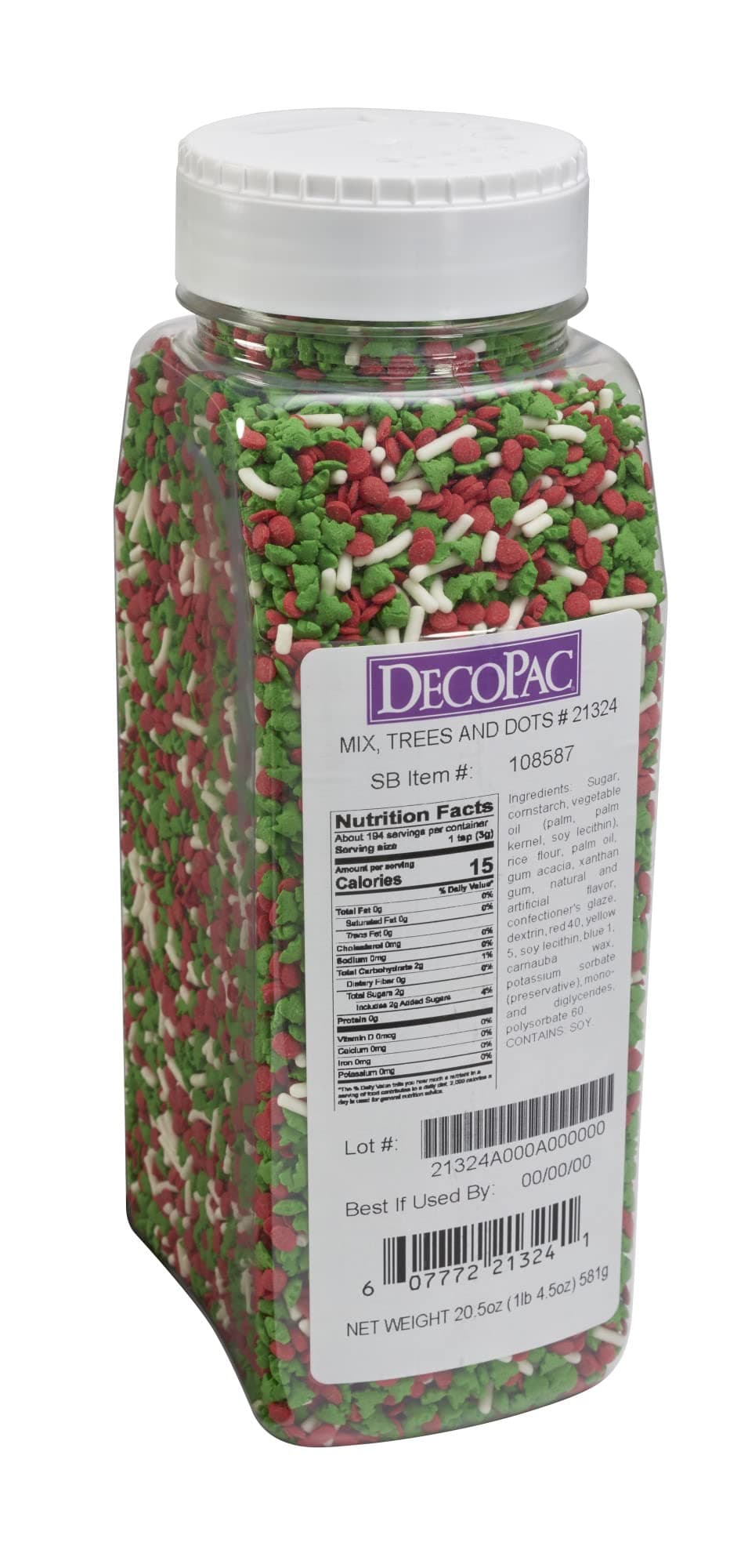 DECOPAC Christmas Trees & Holiday Dots Quins, 20.5oz, Fancy Sprinkles In Red, Green & White, Festive Edible Candy Sprinkles in Handheld Container For Celebration Cakes, Cupcakes, Cookies