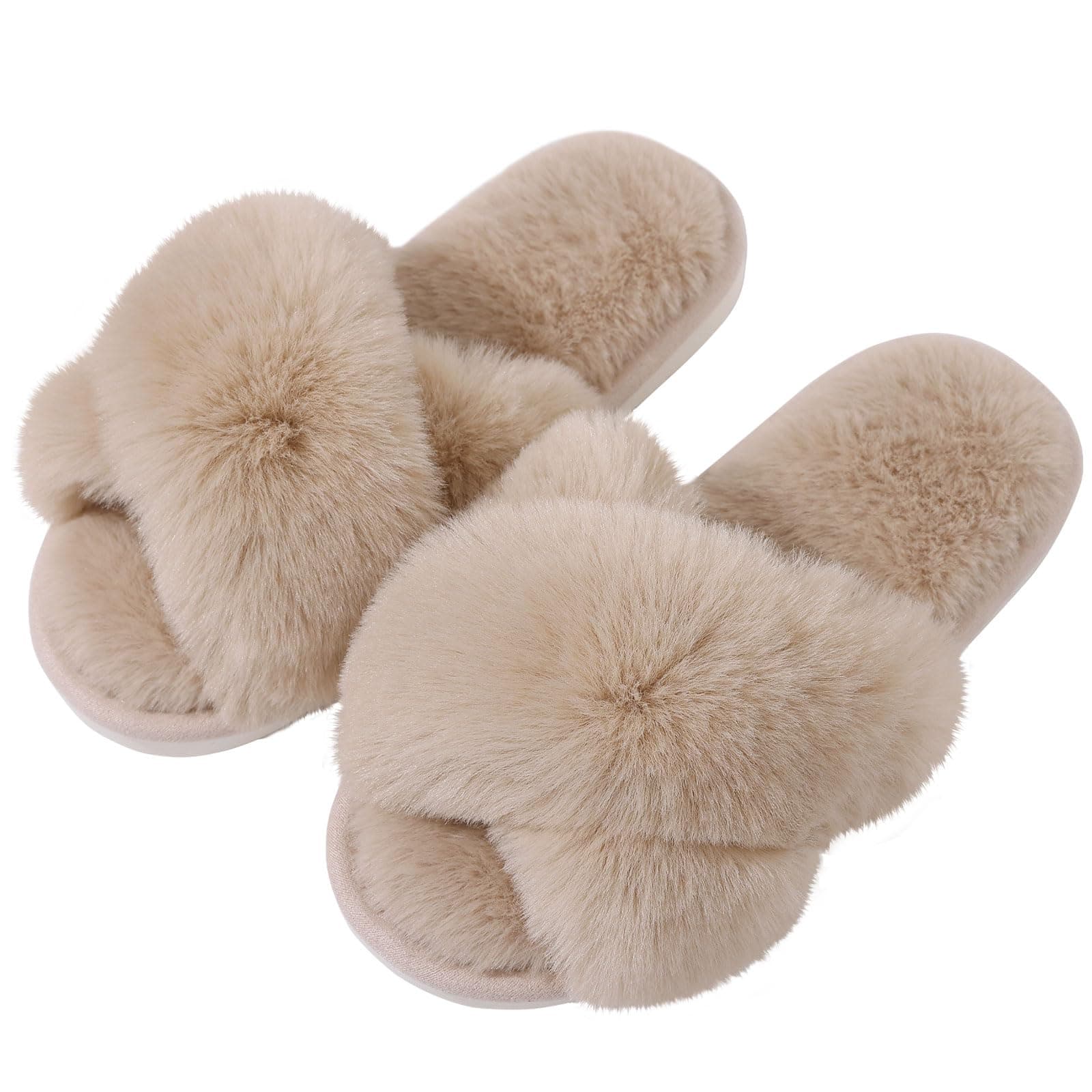 Women's Fuzzy Slippers Cross Band Memory Foam House Slippers Open Toe