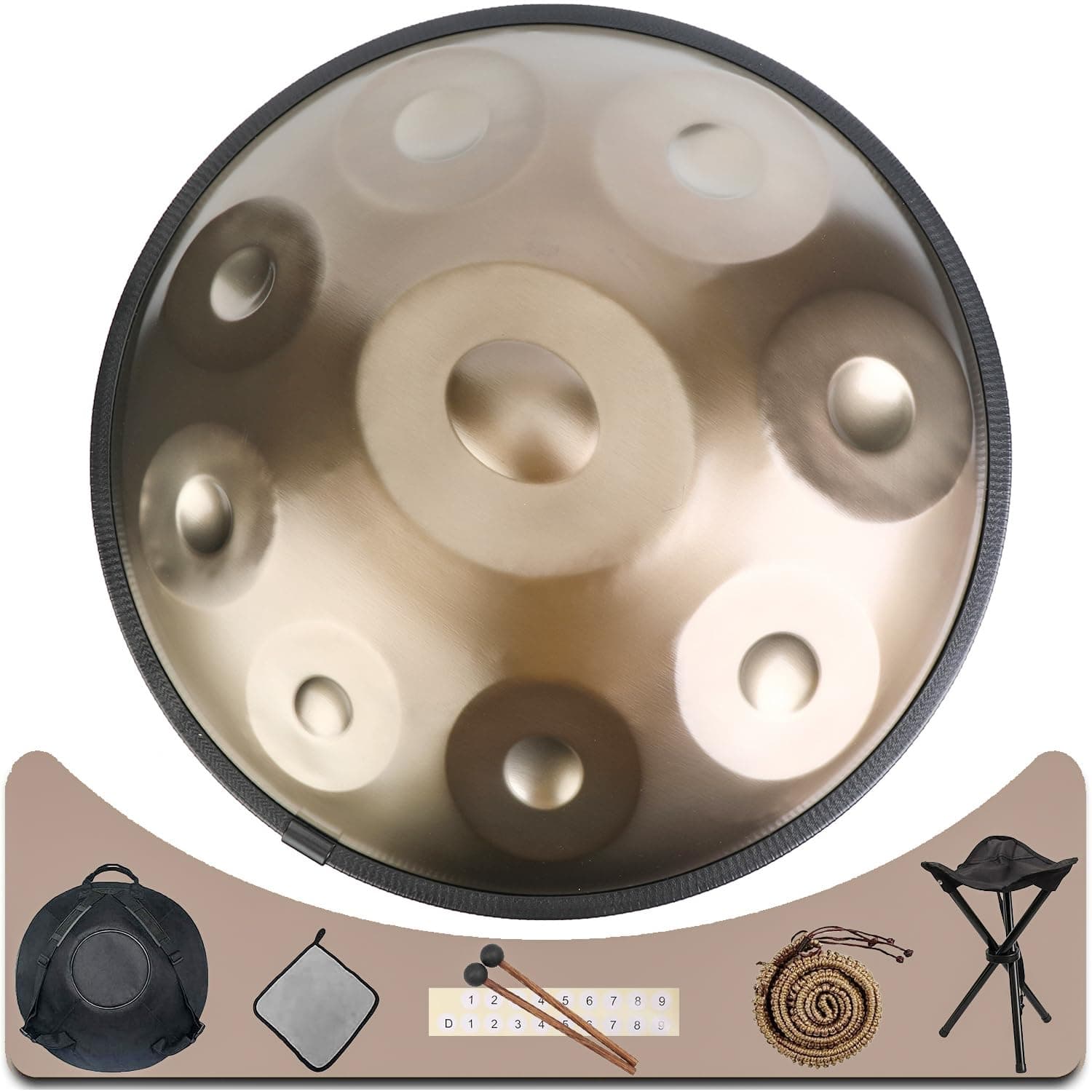 Eavnbaek Handpan in D Minor 440Hz - 9 Notes 22 Inches Steel Hand Drum With Soft Bag, 2 Mallets, Stand and Dust-Free Cloth (Gold)