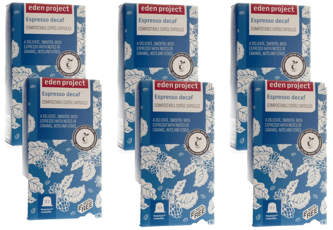 THE EDEN PROJECT 60 Decaf Italian Espresso Coffee Pods Compatible with Nespresso Original – Premium Arabica, Rainforest Alliance Certified, Climate Neutral, Home Compostable Capsules (6 x 10 Pack)
