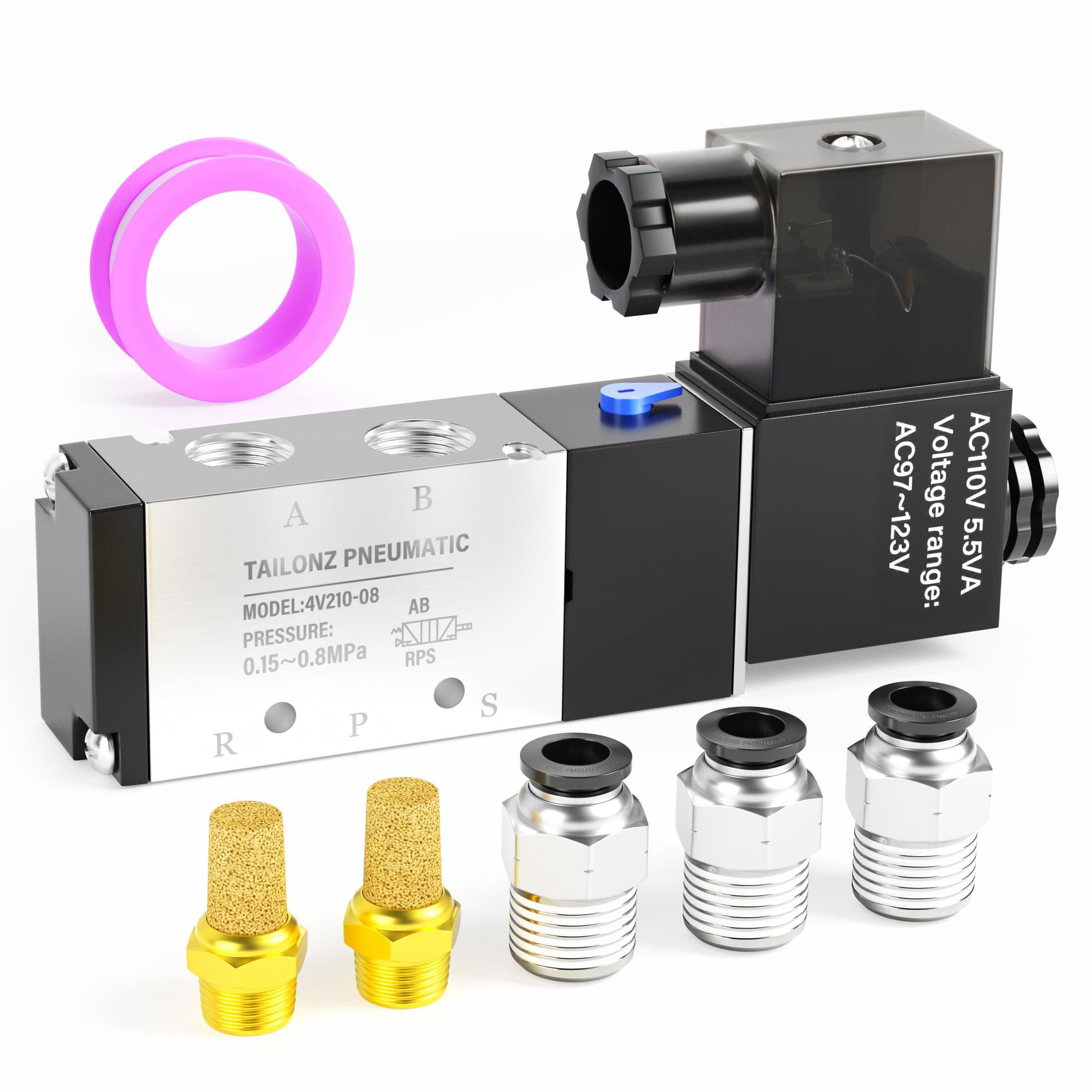Tailonz Pneumatic 1/4"NPT Solenoid Valve 4V210-08 12V/24V/110V/220V Single Coil Pilot-Operated Electric 2 Position 5 Way Connection Type