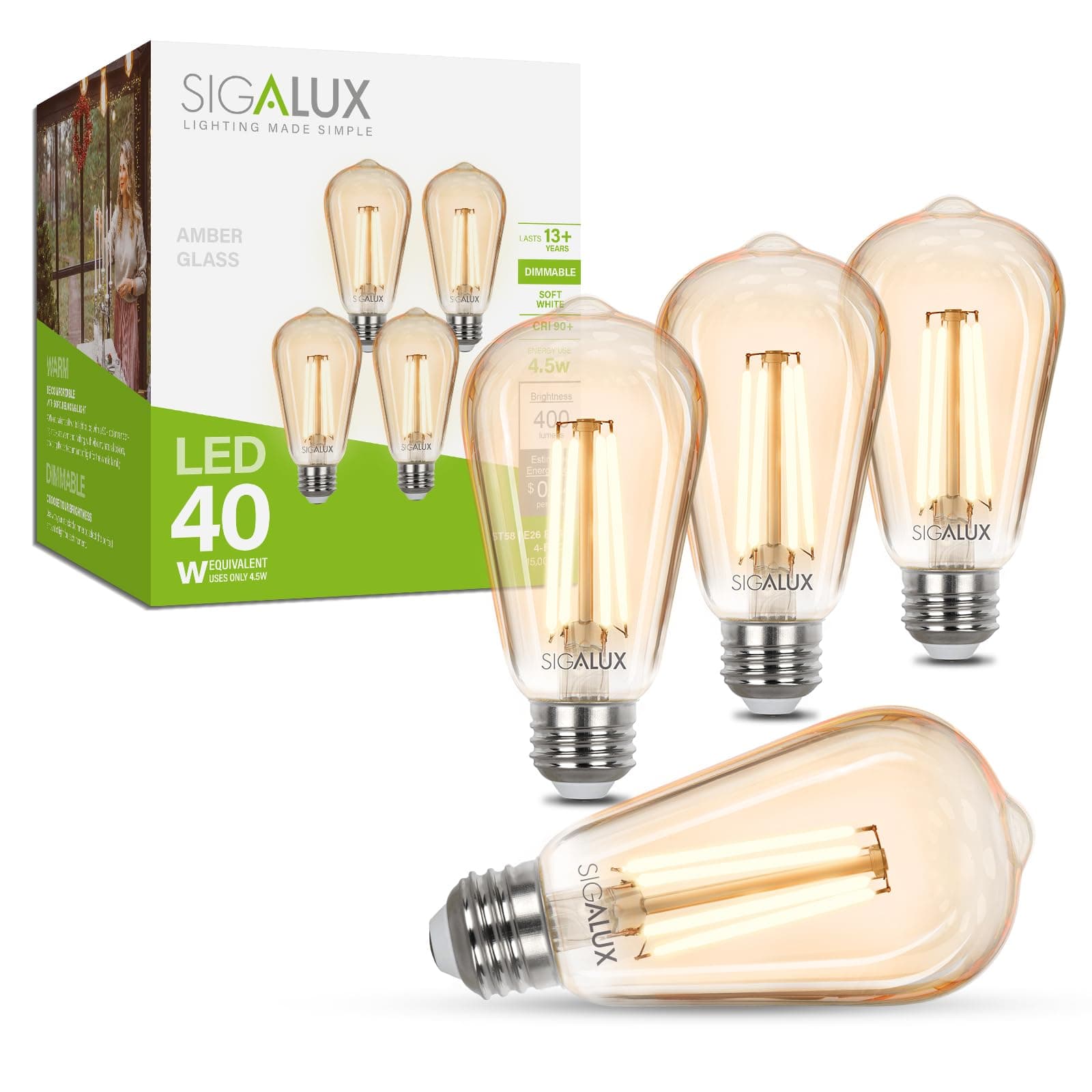Sigalux Edison LED Light Bulbs, Dimmable Vintage Light Bulbs 40 Watt Equivalent, E26 LED Filament Bulbs, ST19 Antique Amber Glass Light Bulbs Soft White 2700K, 400LM, CRI90, UL Listed, 4 Pack