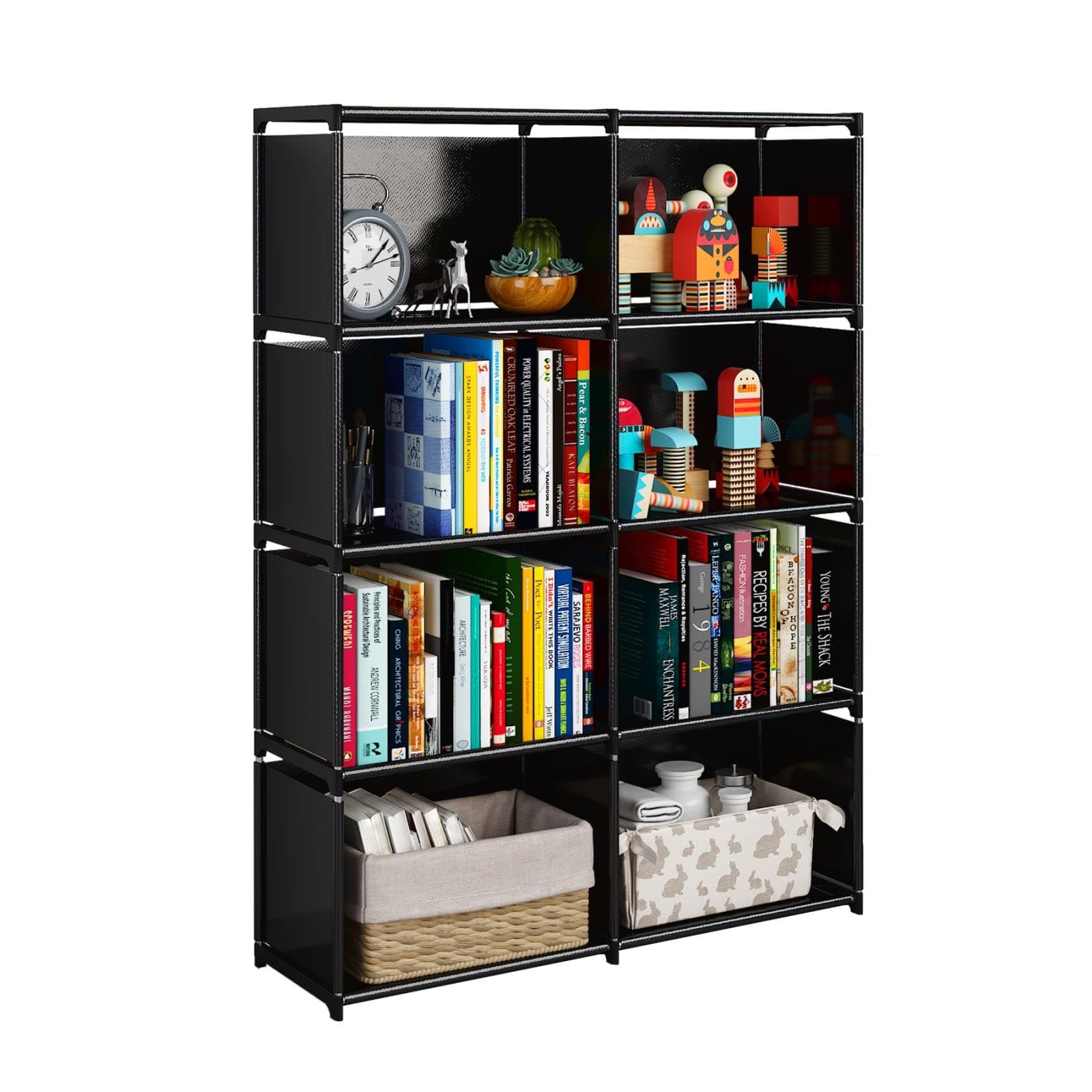 5-Tiers Portable Bookshelf with Fabric Cloth at Back, 8 Cube Closet Storage Organizer Bookcase, Living Room,Study Room,Bedroom, Black