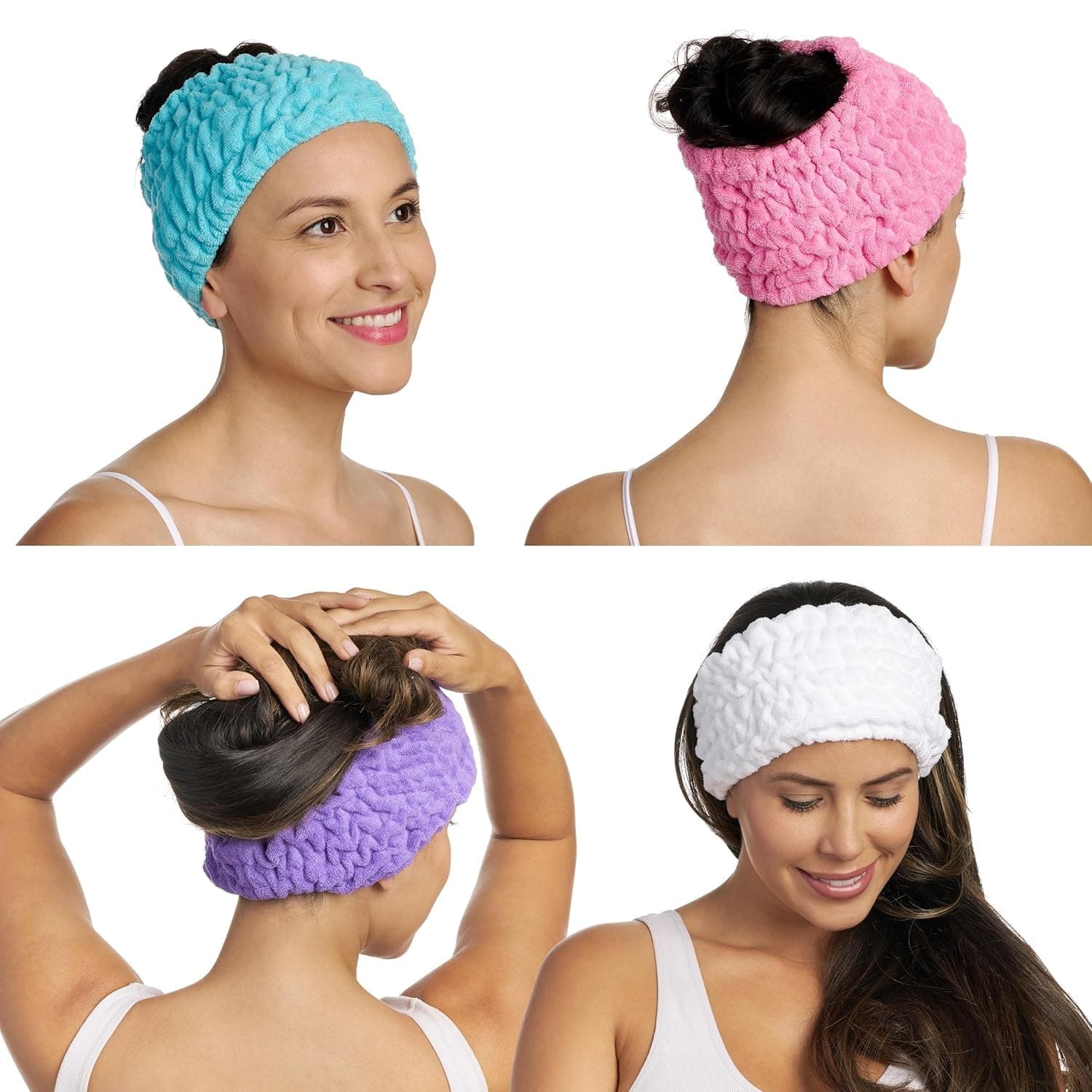 4-Pack Turbie Band for Beauty, Travel, Gifting - Microfiber Headband for Personal Care - Comfortable, Extra-Wide Spa Headband - for All Hair Types - Pink, Purple, Blue & White