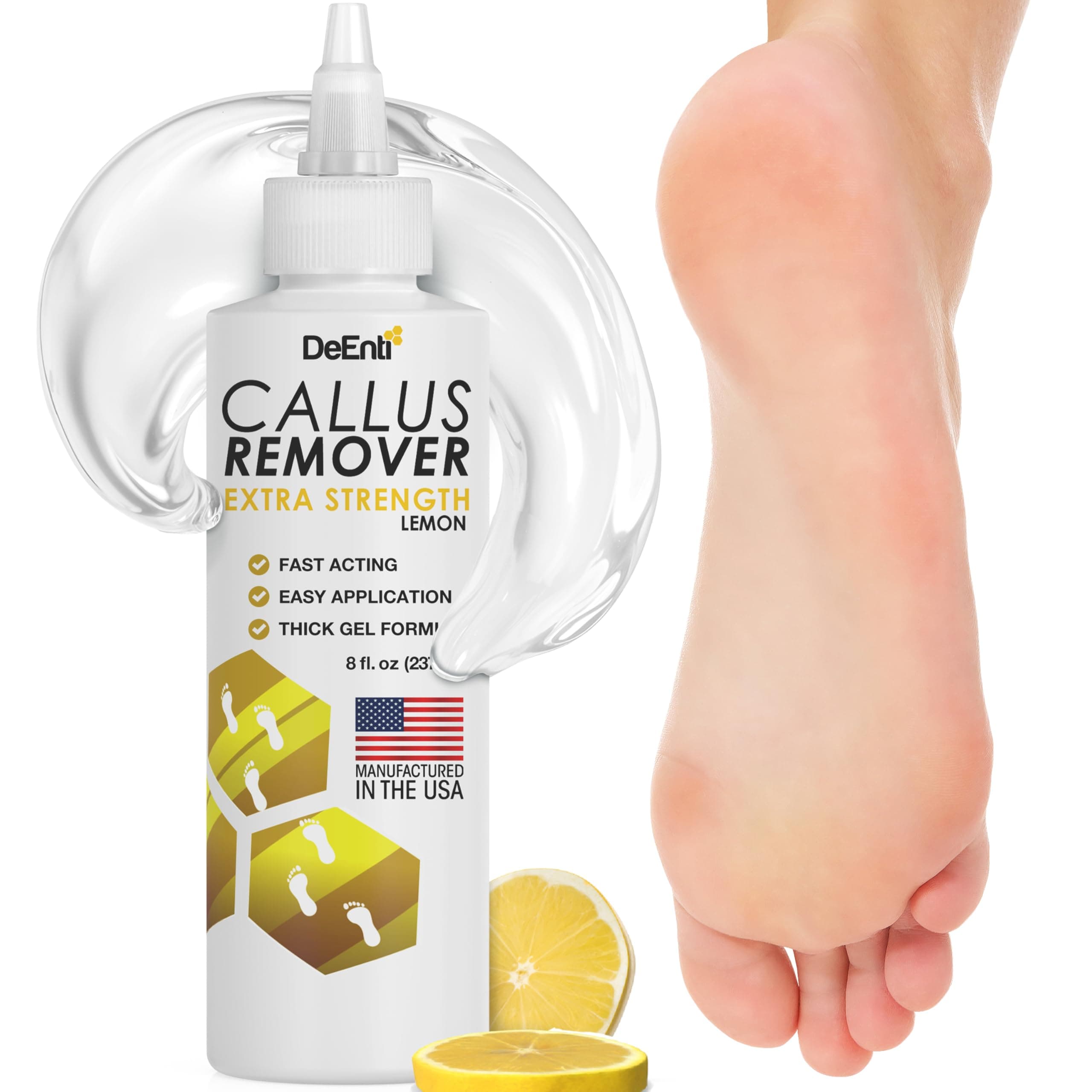 DeEnterprises, Inc. Callus Remover Gel, Extra Strength Foot Callus Remover, 8oz Salon Grade Home Pedicure Supplies for Rough, Dry, Cracked Skin, Heavy Duty Callus Remover for Feet, Lemon