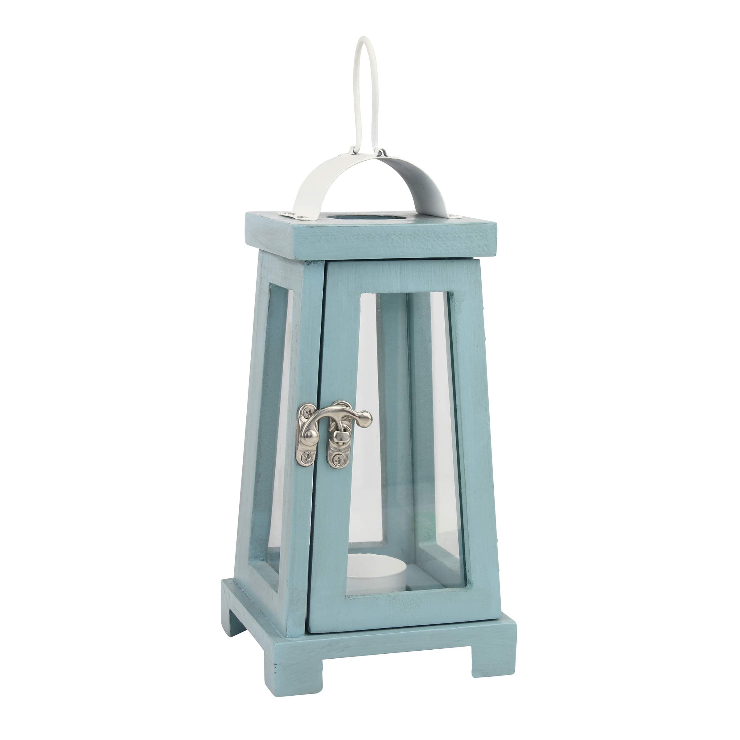 Stonebriar Coastal Worn Blue Wooden Tea Light Candle Lantern with Handle
