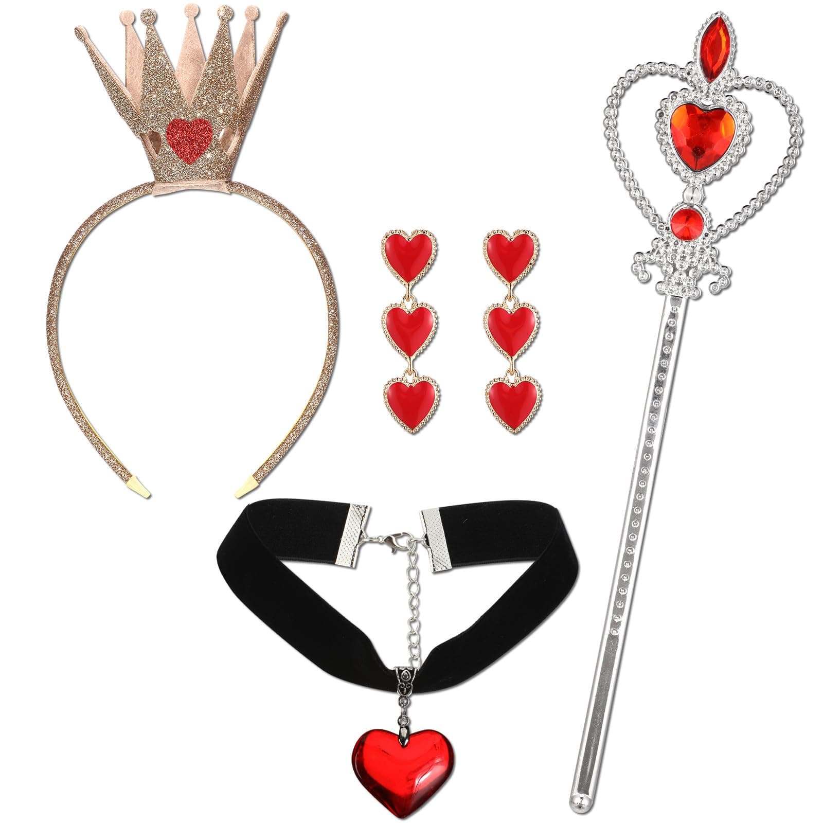 4 Pcs Valentine Heart of The Woman Queen Costume Accessories Heart Party Accessories Crown Headband Scepter Wand