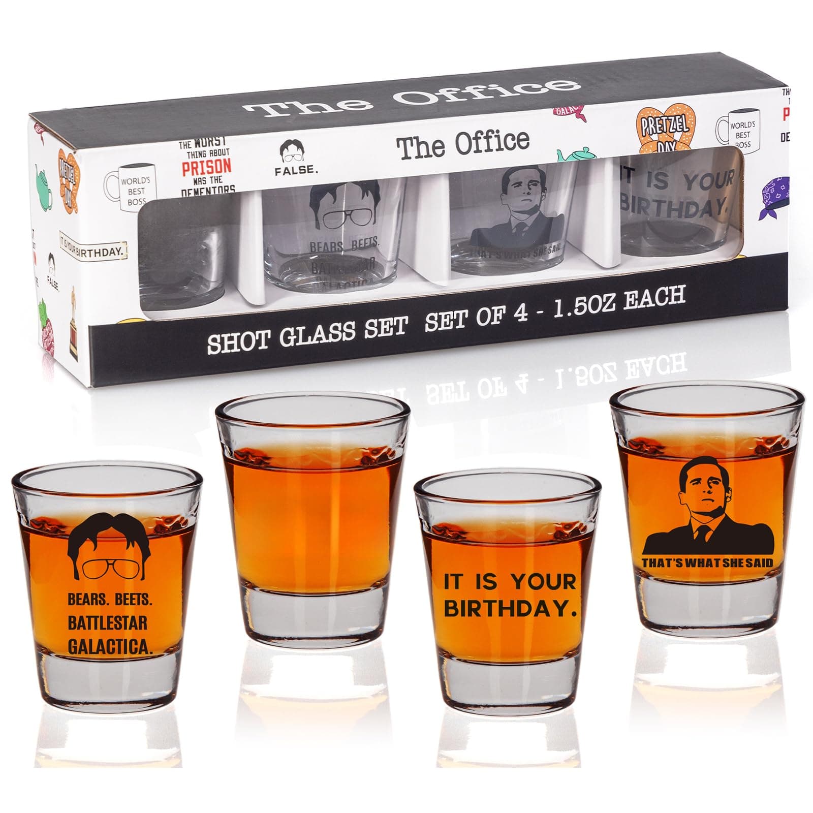 The Office Shot Glass Gift Set of 4, TV Show Merchandise, Keepsake for Fans Lovers, Birthday Presents for Men/Women,1.5 oz