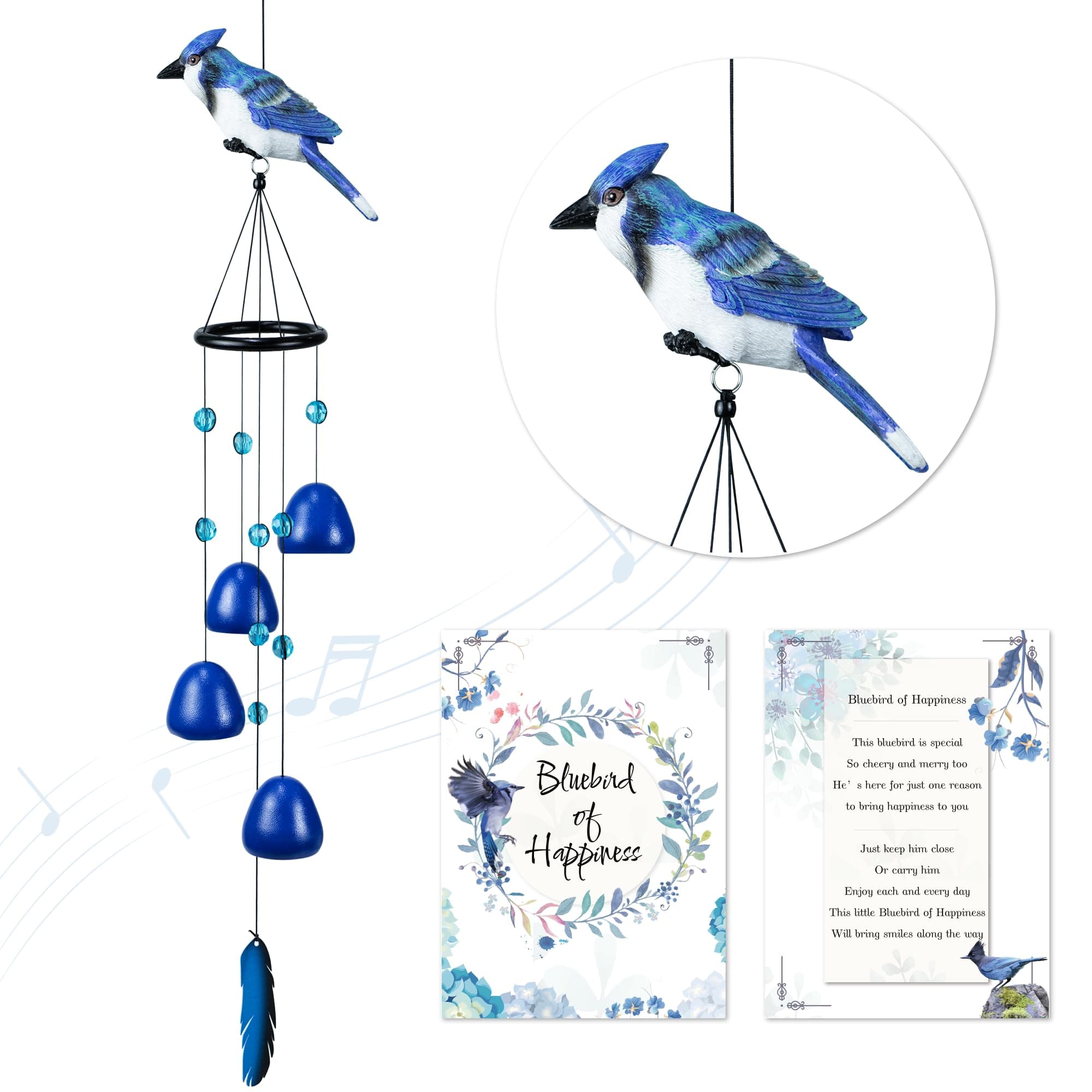 Bird Wind Chimes for Outside，Steller'Jay Bird Gifts，Blue Bird Wind Chimes Outdoor Decorations, Mother‘s Day Gifts for Mom/Grandma,Garden Patio Backyard Hanging Decor.