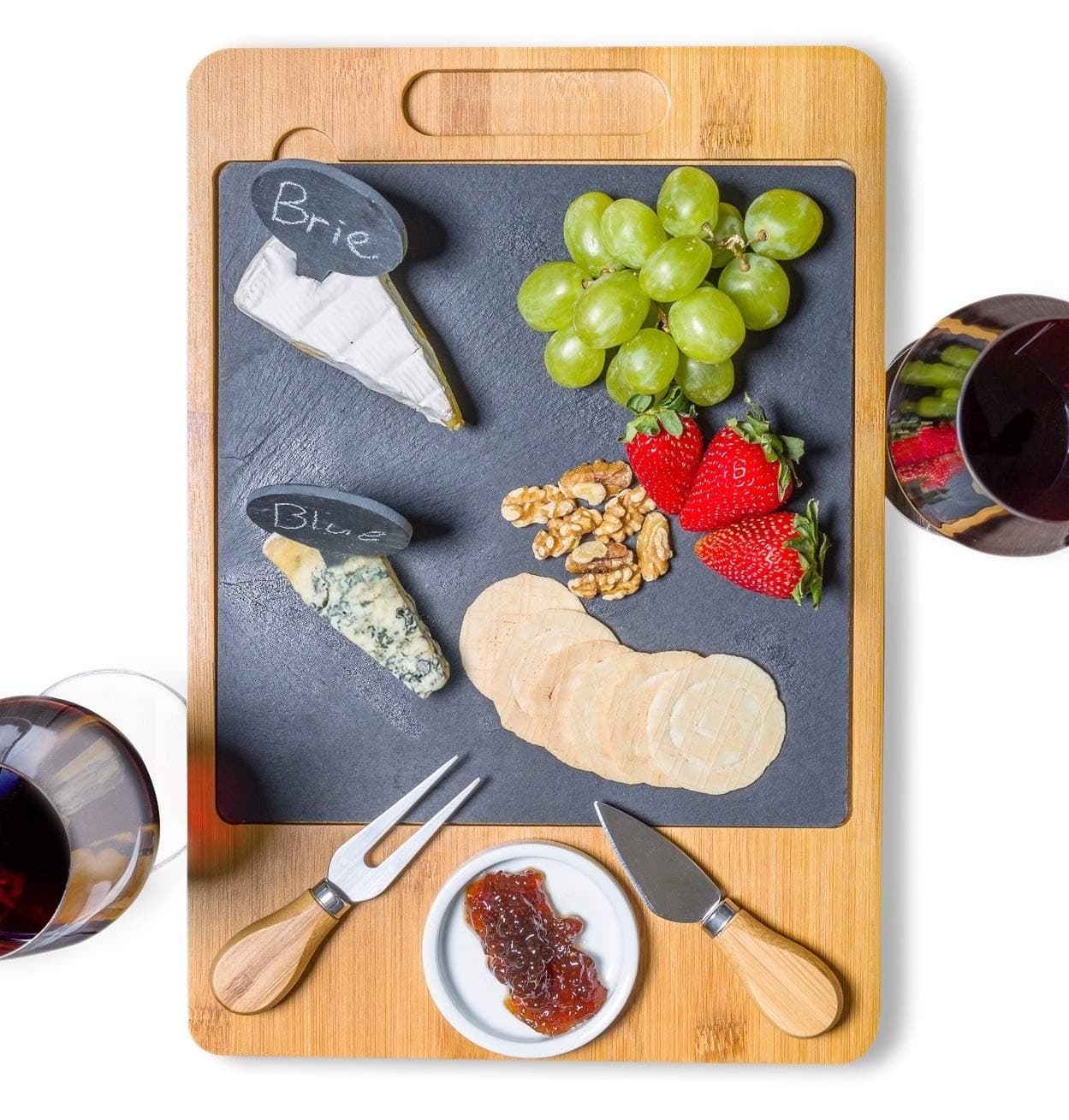 Bamboo Slate Cheese Board Set with Cutlery and Drawer - 12 Piece Large Wooden Cheese Charcuterie Serving Platter, Cutting Board with Ceramic Bowl, Knife, Marker and Chalk