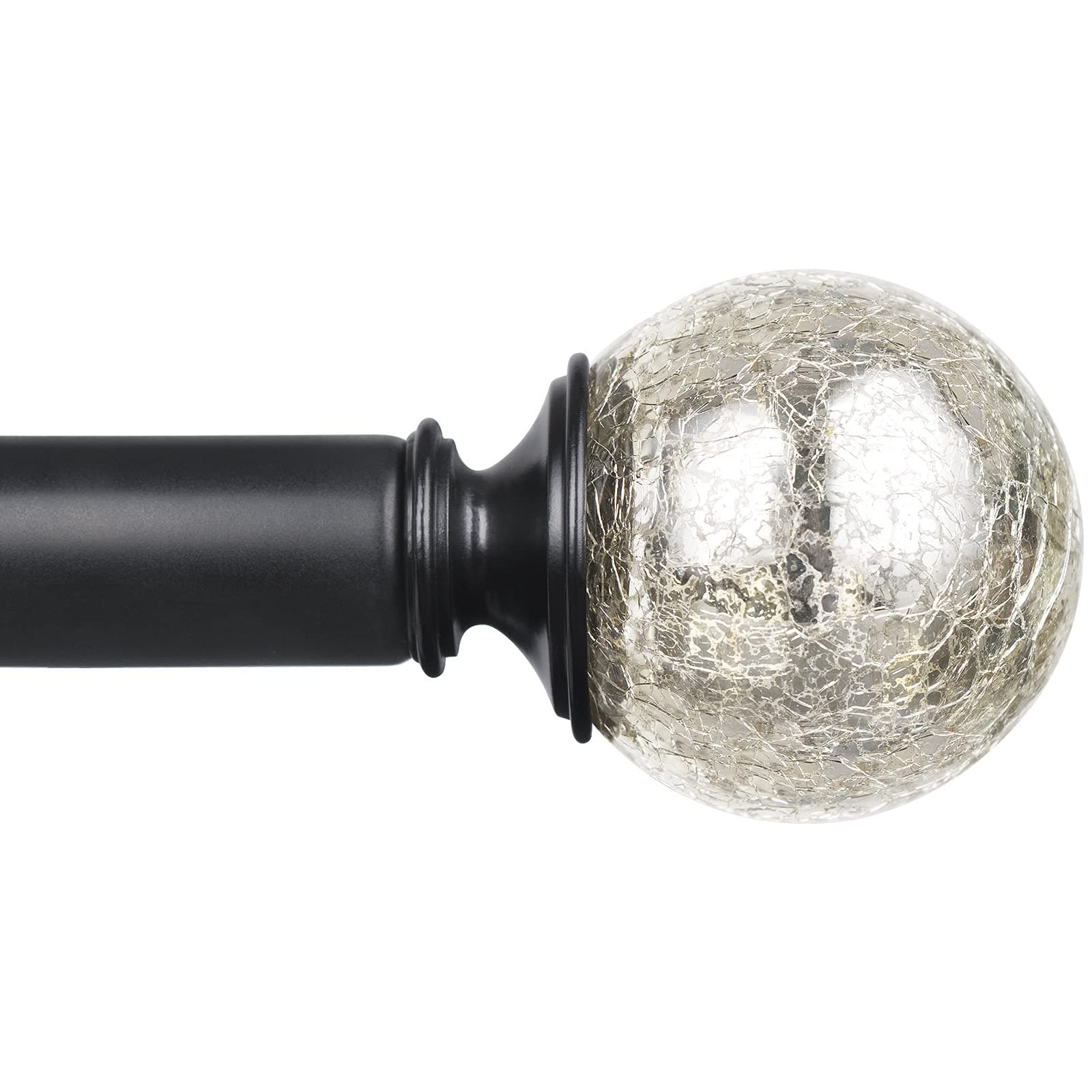 KAMANINA 1 Inch Curtain Rod Single Window Rod 36-72 Inches (3-6 Feet), Black Drapery Rods for Windows 24 to 68 Inches, Crackle Glass Finials