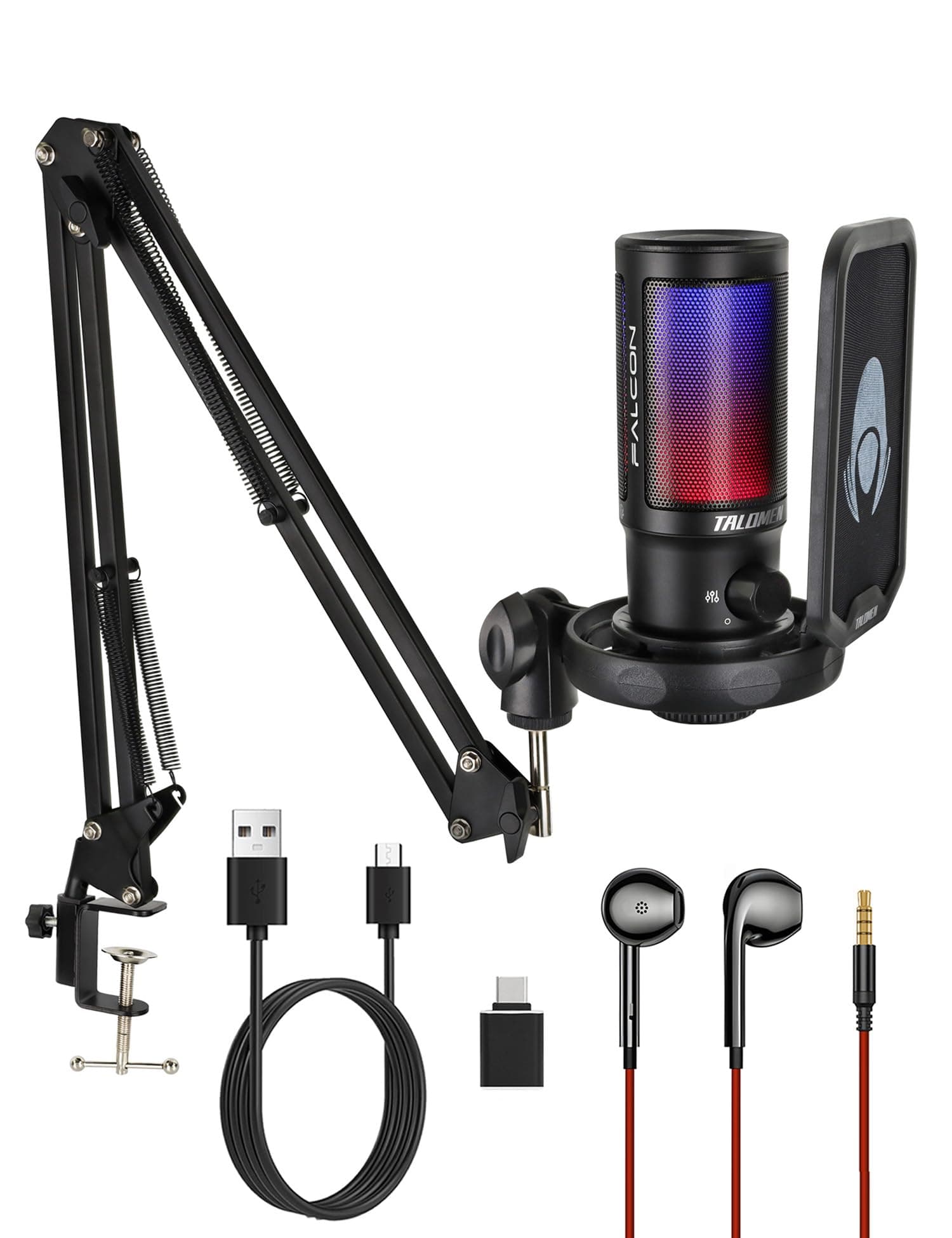 Gaming Microphone for PC Computer, USB Streaming Condenser Mic Kit with RGB, Quick Mute, Gain Knob, Boom Arm Stand, Pop Filter for Podcasts YouTube F8S