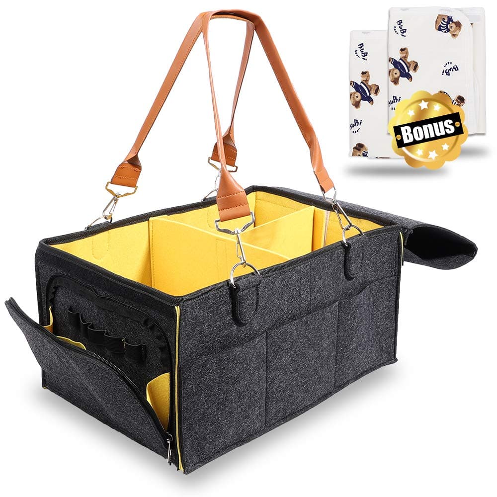 Isbasa Portable Baby Diaper Caddy Organizer, Tote Nappy Caddy Organizer, Large Size Nursery Essentials Storage Bins for Changing Table or Car Travel Basket with 2 Changing Pad