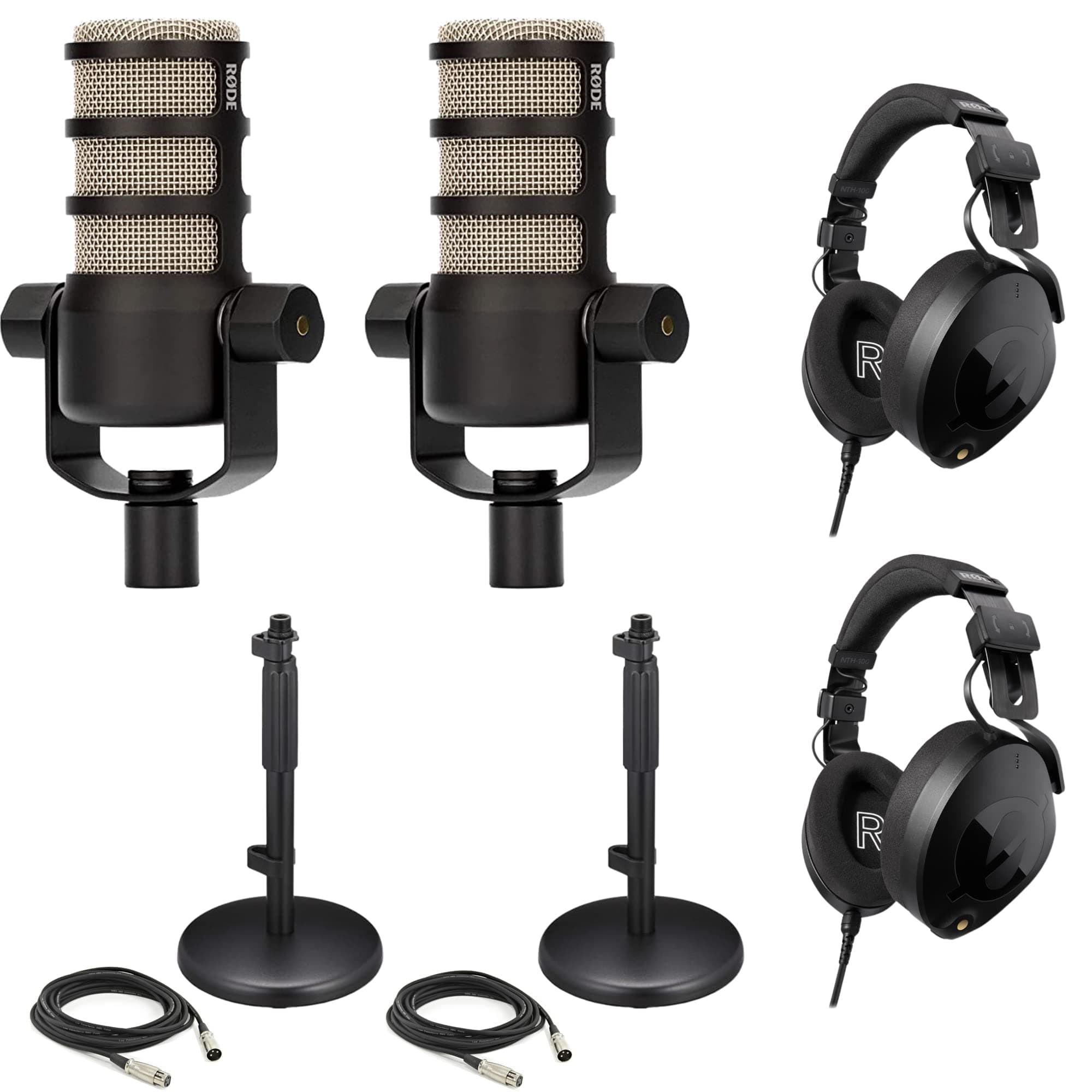 Rode PodMic Dynamic Podcasting Microphones (Pair) with DS1 Microphone Desk Stands, NTH-100 Professional Closed-Back Over Ear Headphones, XLR Cables and StreamEye Polishing Cloth