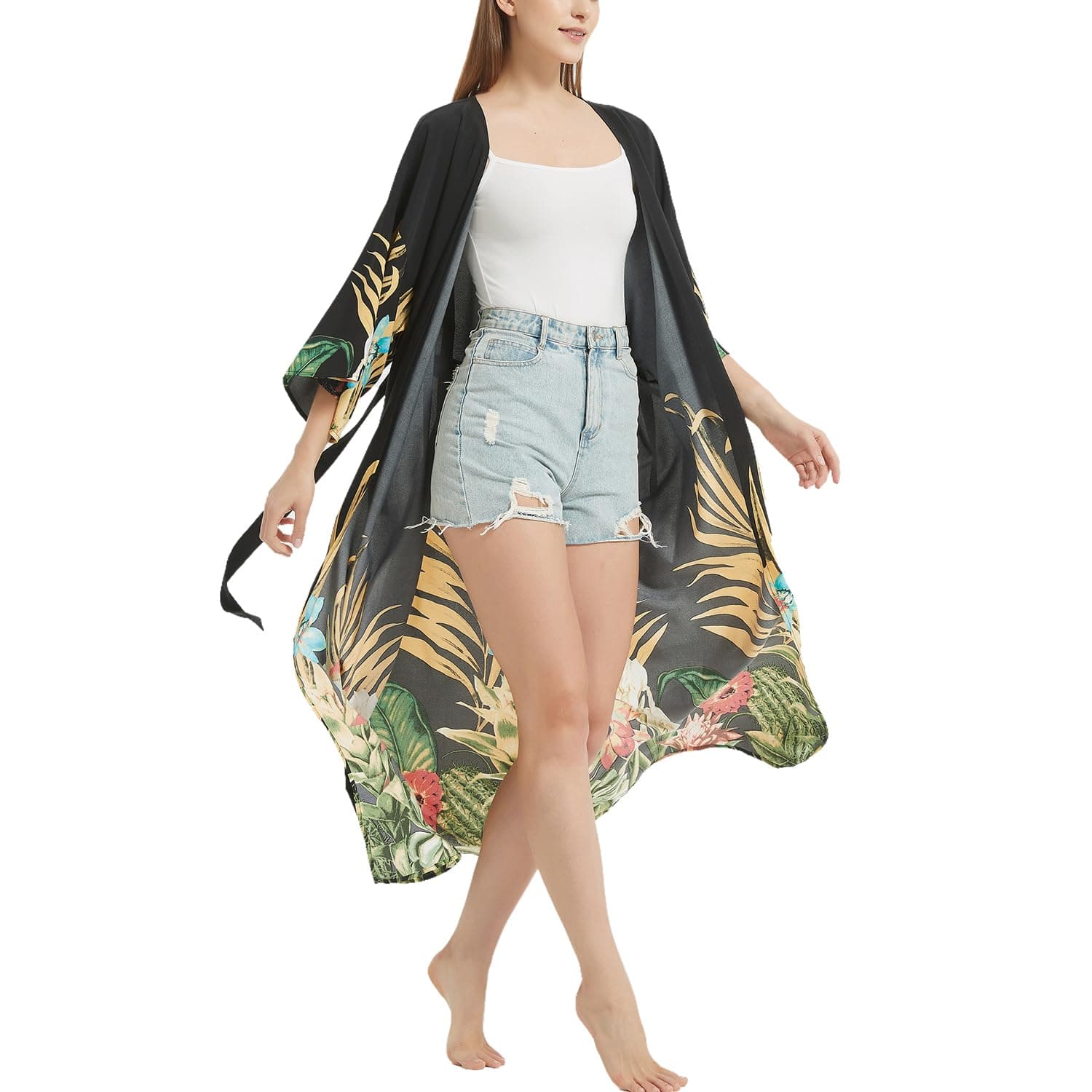Women's Bohemian Floral Print Kimono Cardigan Summer Swimsuit Beach Cover Up Dresses