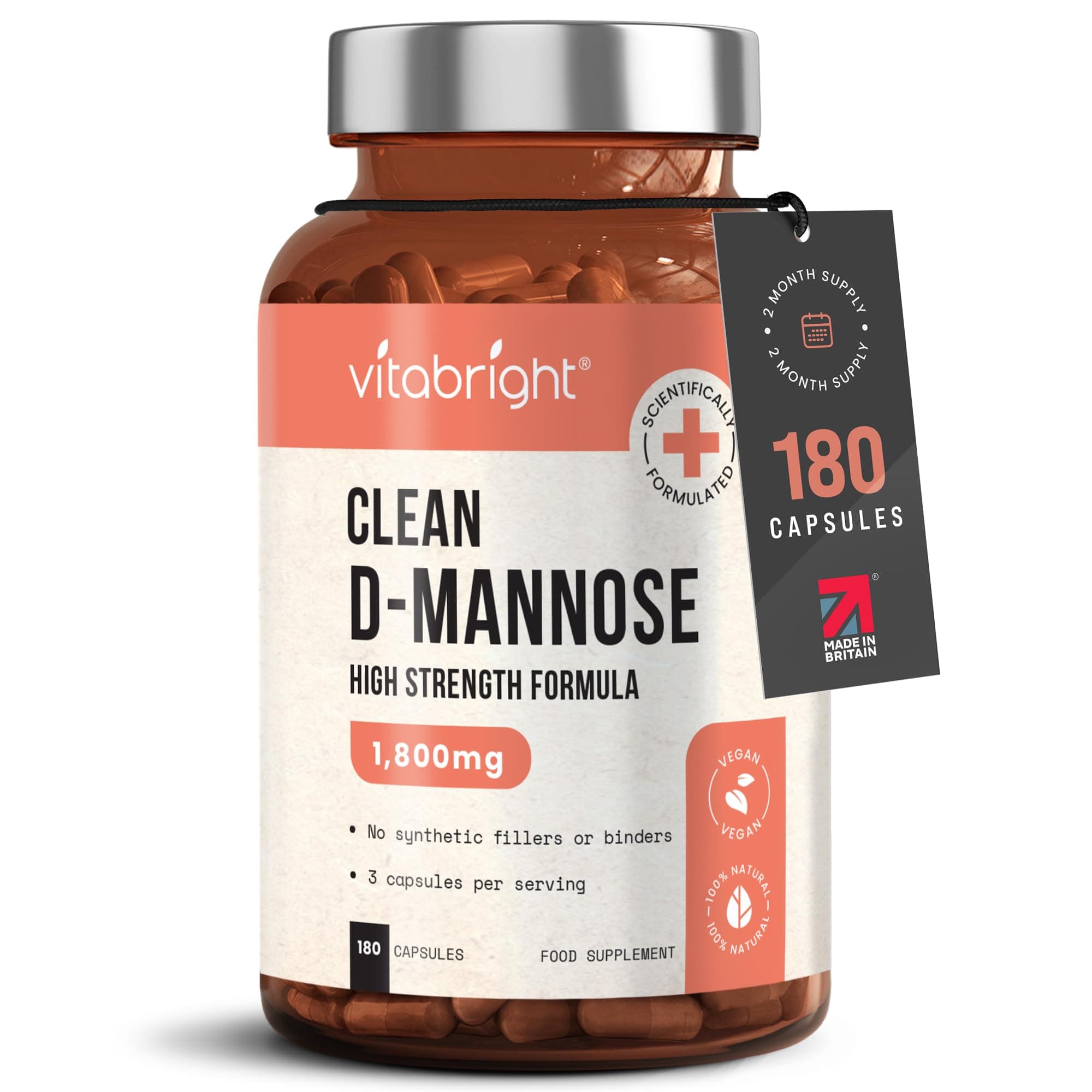 VitaBright D-Mannose Capsules - 1500mg High Strength - 180 Capsules (60 Day Supply) - Contributes to Healthy Urinary Tract and Bladder - Clean Natural Ingredients - Vegan - Made in UK
