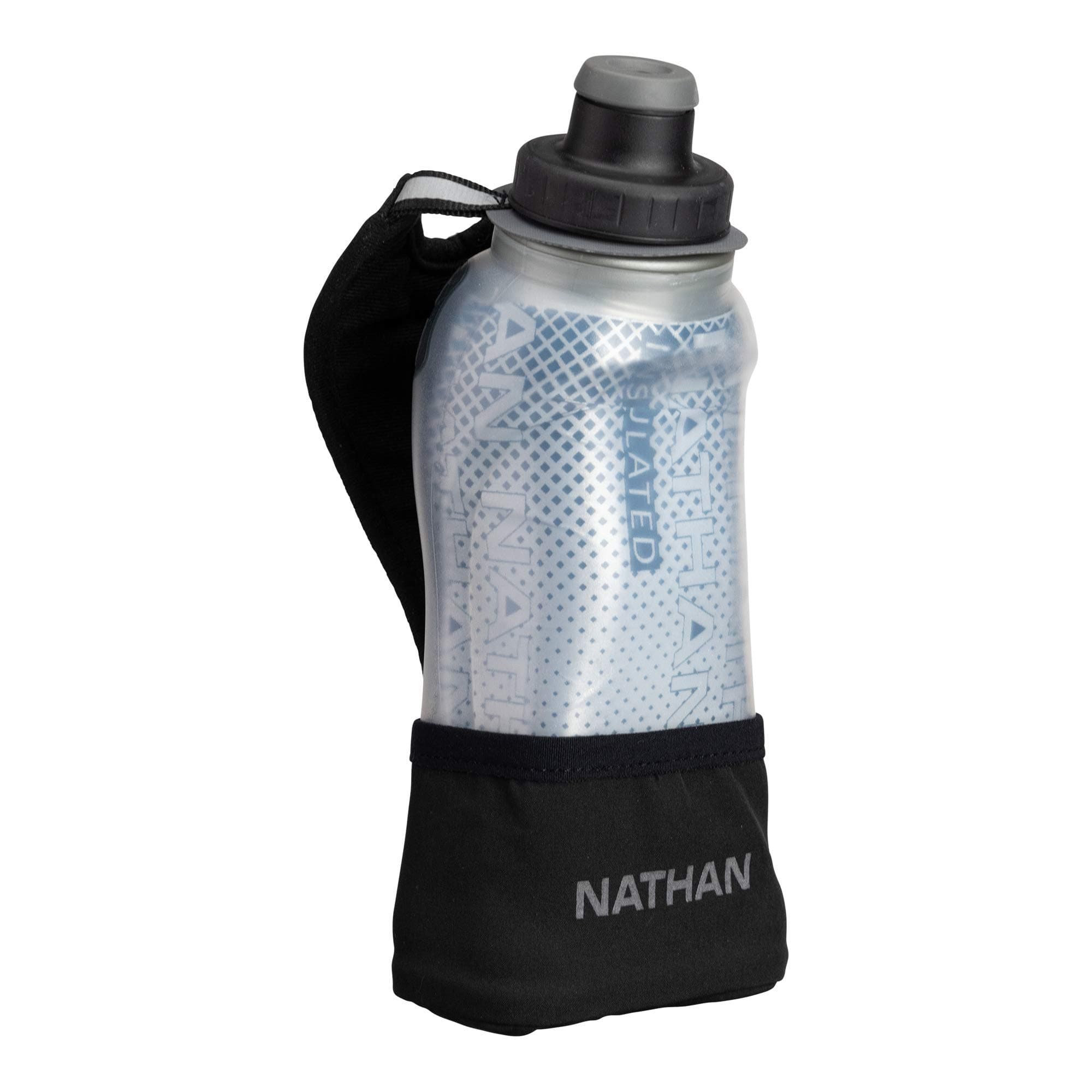 NATHAN Running Handheld Water Bottle Adjustable No-Grip Quick Squeeze Lite Hand Strap. 12 oz Insulated Water Bottle. Reflective Hydration