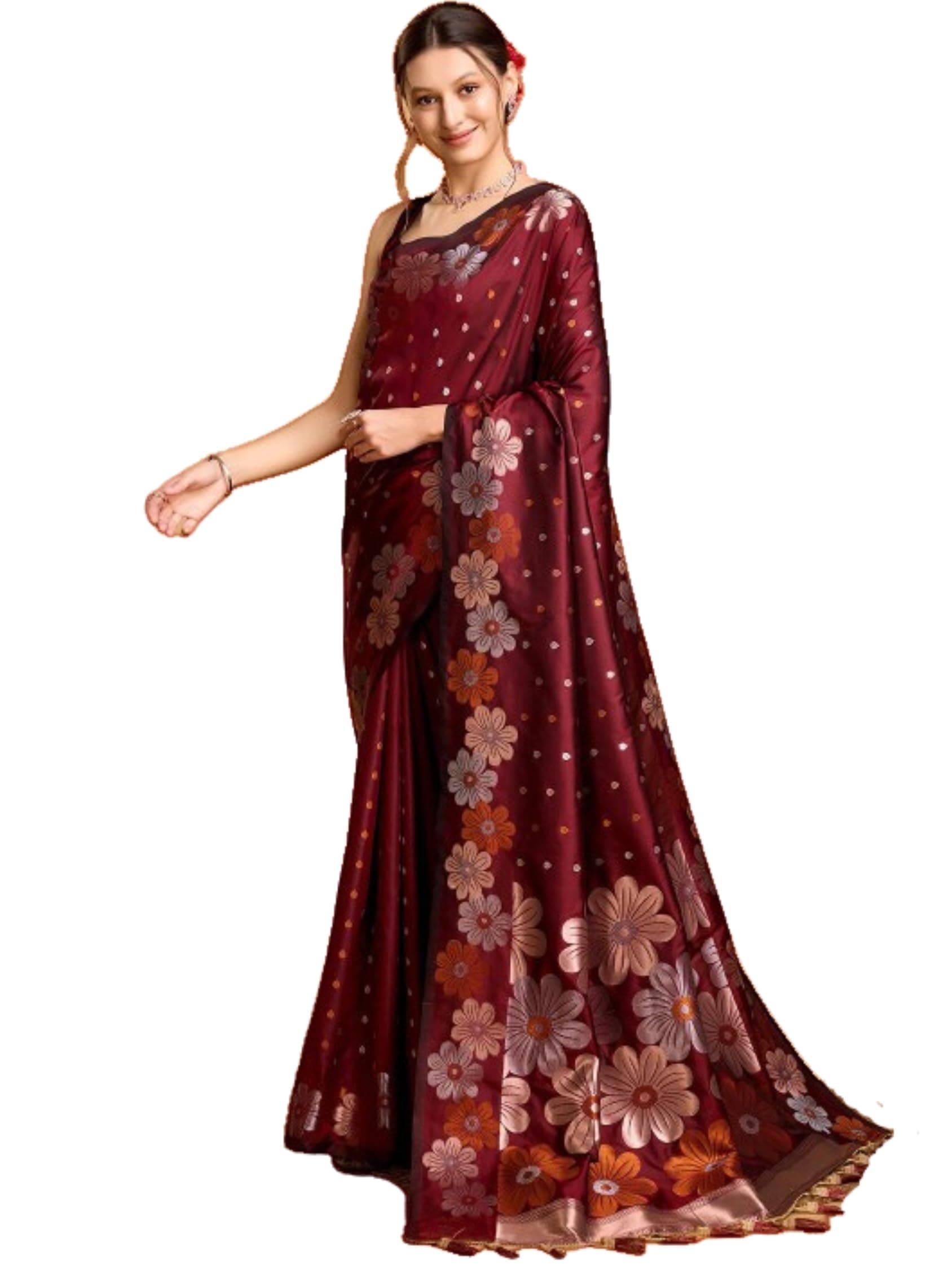 C J Enterprise Women's Pure Kanzibaram Silk Saree with Soft Banarasi Blouse Piece Saree for Wedding (Champagne), Maroon, One Size, Maroon, One Size