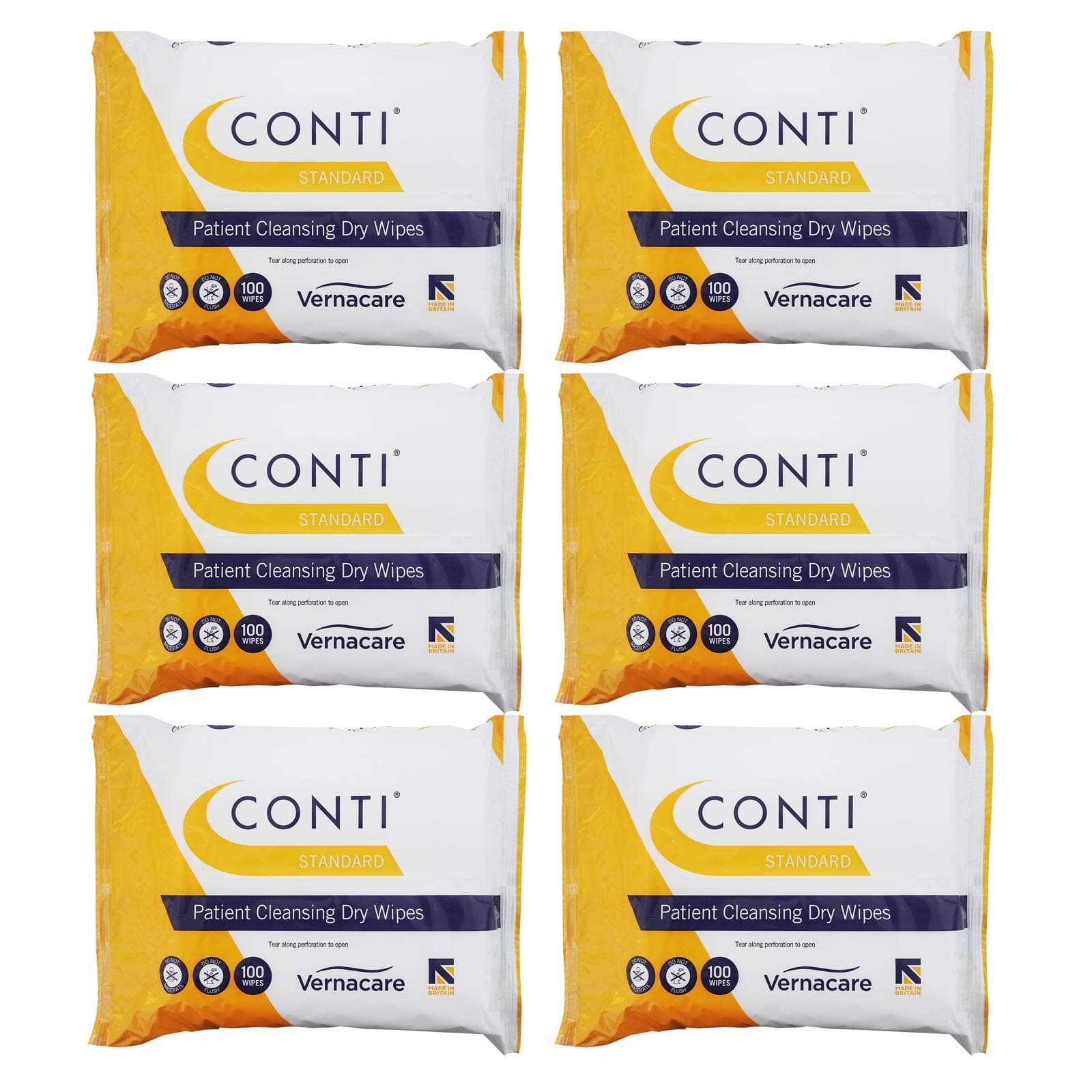 Conti Standard - Patient Cleansing Dry Wipes, Every Day Universal Use Cleaning Cloths, Wipe Size 32cm x 20cm, 100 Wipes Per Pack - 6 Pack
