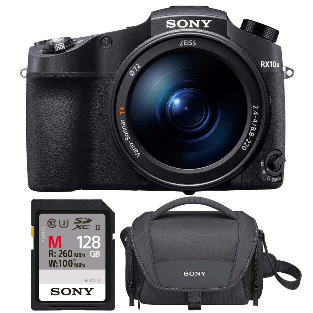 Sony RX10 IV Cyber-Shot High Zoom 20.1MP Camera with 24-600mm F.2.4-F4 Lens Bundle with 128GB Memory Card, Soft Carrying Case for Cyber-Shot and Alpha Cameras and Cleaning Cloth