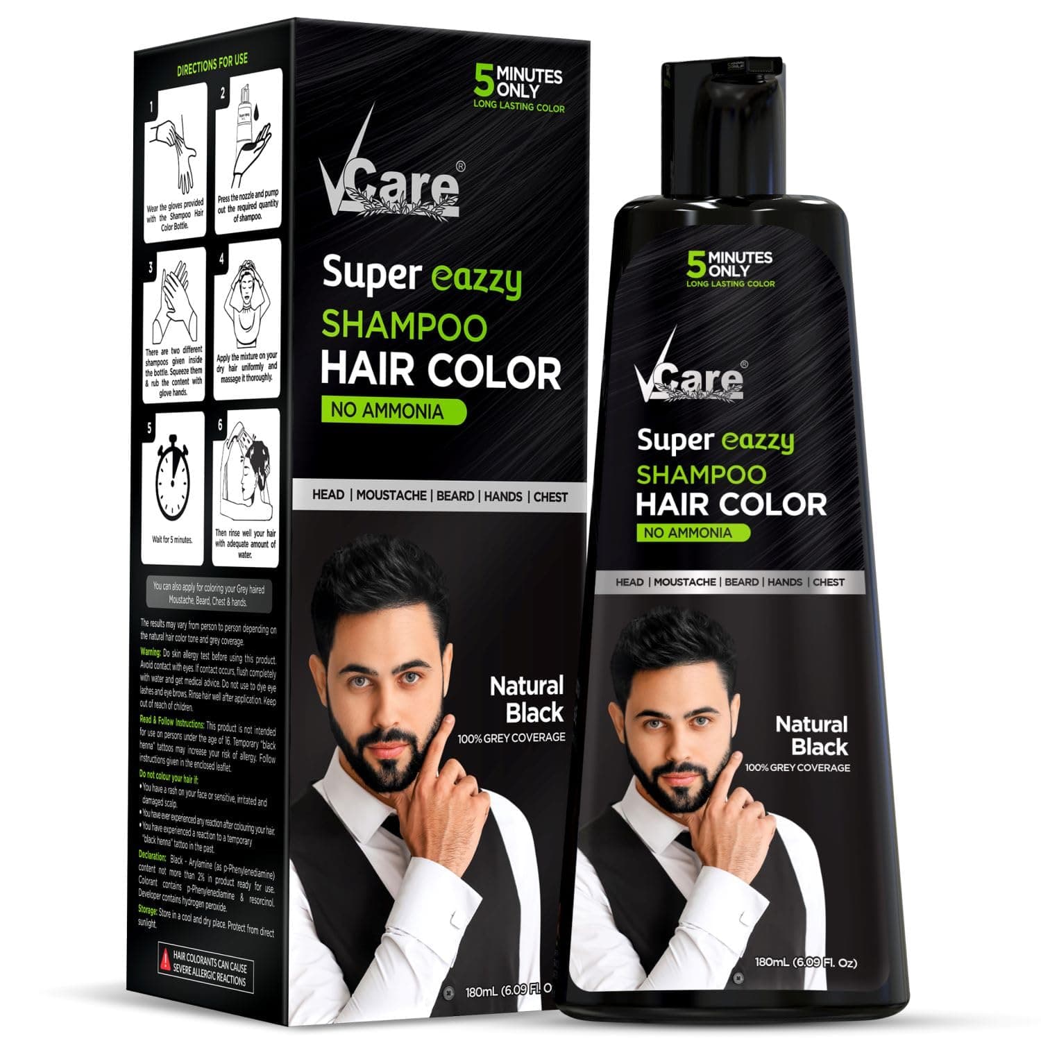Super Eazzy Hair Colour Shampoo for Women and Men 180ml | Only 5 Minute Root Hair Dye Coloring Kit Head, Moustache, Beard, Hands, Chest | No Parabens, Ammonia And Sulfates (Natural Black)