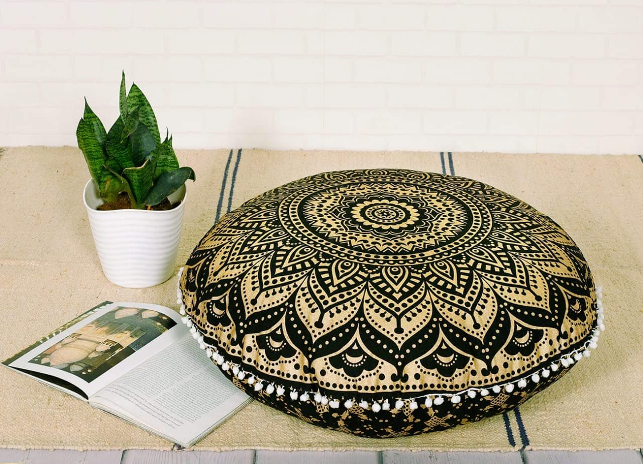 Popular Handicrafts Floor Pillow Cushion Cover - Hippie Mandala Ombre Floor Pillow Cover - Pouf Cover Round with Pom Pom Soft Particles, Bohemian Yoga Decor - 32" Black Gold