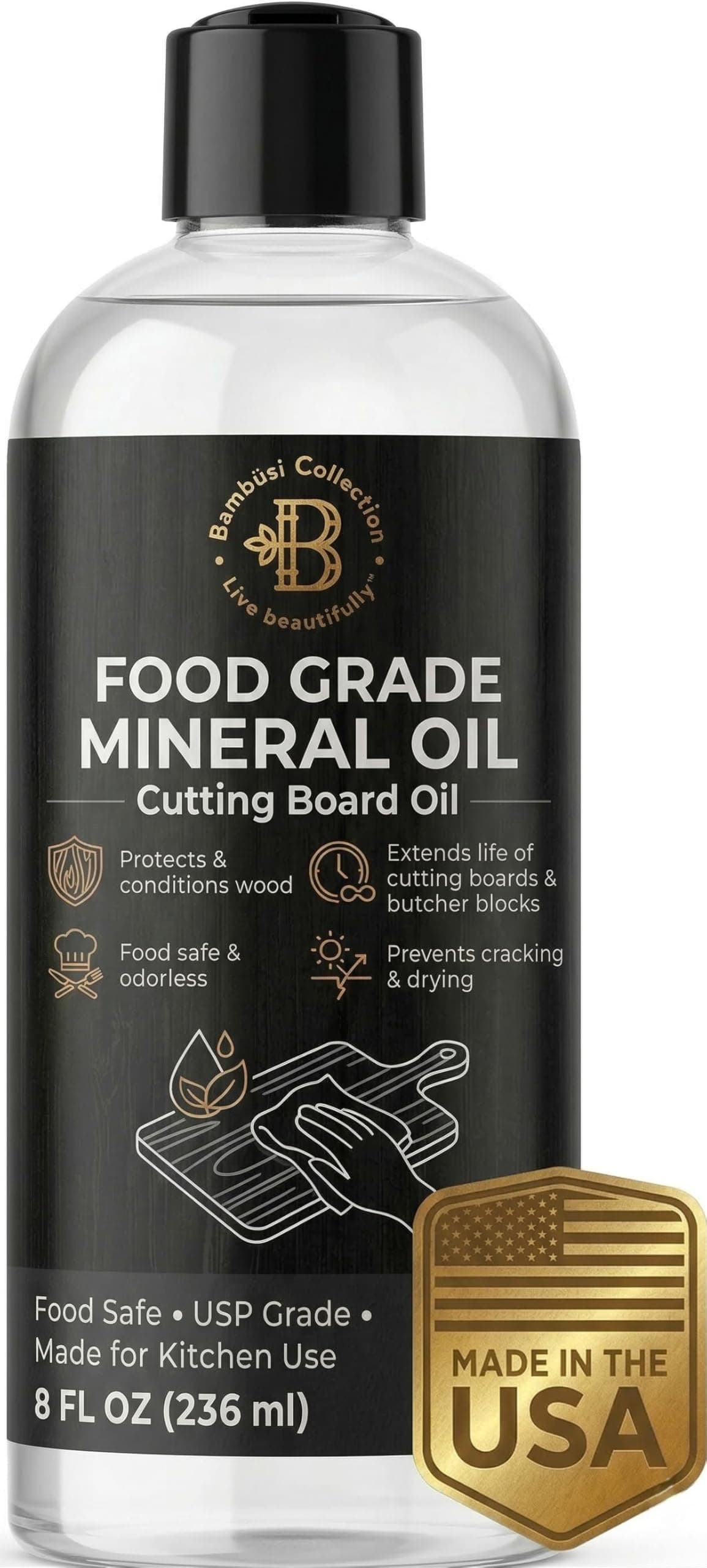 Mineral Oil for Wood Cutting Board - Food Grade Butcher Block Oil Conditioner, Cutting Board Oil for Bamboo, Teak, Wood Countertops, Knives, Utensils, Meat Grinder, Soapstone, Marble, 8 oz by Bambusi