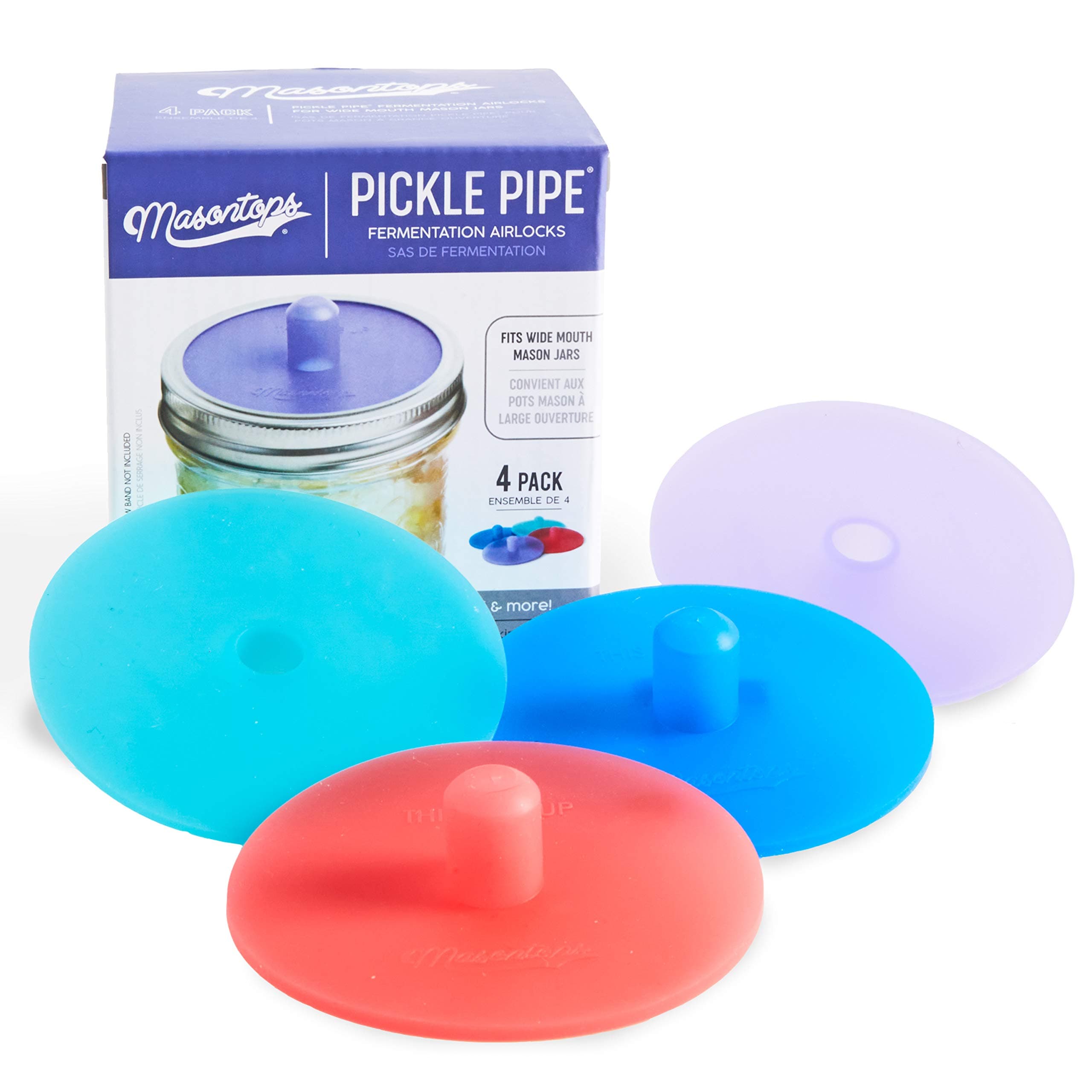 Masontops Pickle Pipe - One-Piece Silicone Waterless Fermentation Airlock Lids for Mason Jar Fermentation - Wide Mouth - 4 Pack