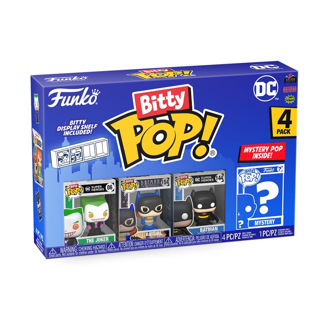 Bitty Pop! DC - the Joker 4PK - Batman, Batgirl, the Joker and A Surprise Mystery Mini Figure - 0.9 Inch (2.2 Cm) - DC Comics Collectable - Stackable Display Shelf Included - Gift Idea
