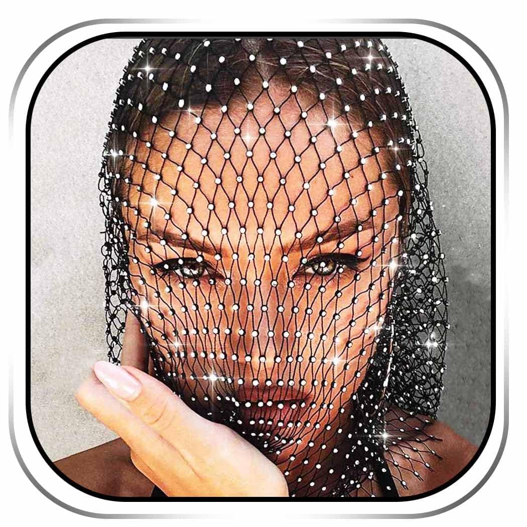 REETAN Mesh Face Mask Black Rhinestone Head Body Chain Jewelry for Women
