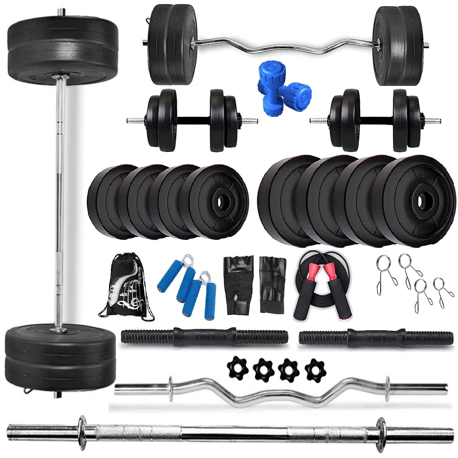 BODYFIT Home Gym Combo Set, Gym Equipments, [8Kg-100 Kg], 3ft Curl, 5Ft Straight Rod + One Pair Dumbbell Rods, PVC Dumbbell Plates, Weight Plates, Exercise Set, Home Gym Kit. (40KG Combo Set)