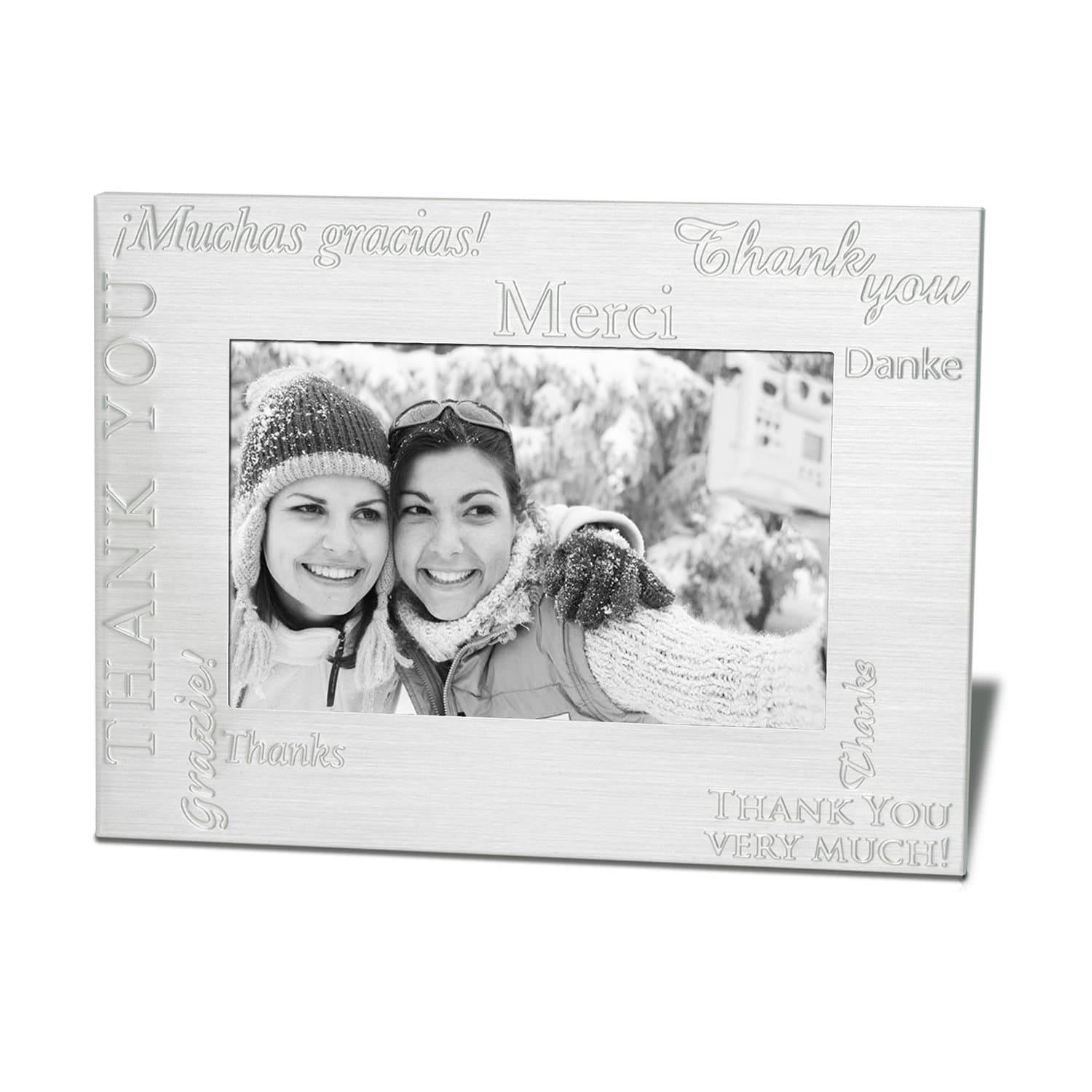 Marketing Innovations Intl 4" x 6" Photo Frame Embossed Debossed Multilingual Appreciation Brushed Aluminium, Black Felt Backing, Glass Front. Silver