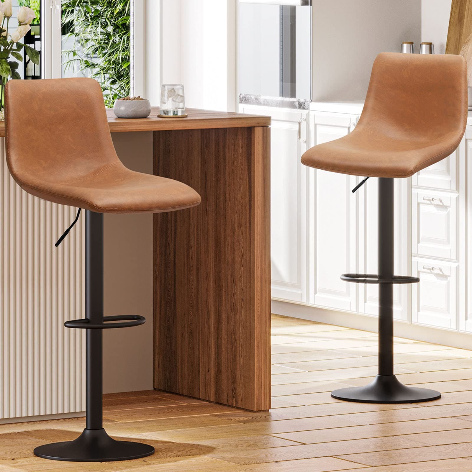 DICTAC Leather Bar Stoolas Set of 2 Brown, Adjustable Counter Height Bar stools with Back, Swivel Bar Chairs for Kitchen Island, Capacity 400lbs