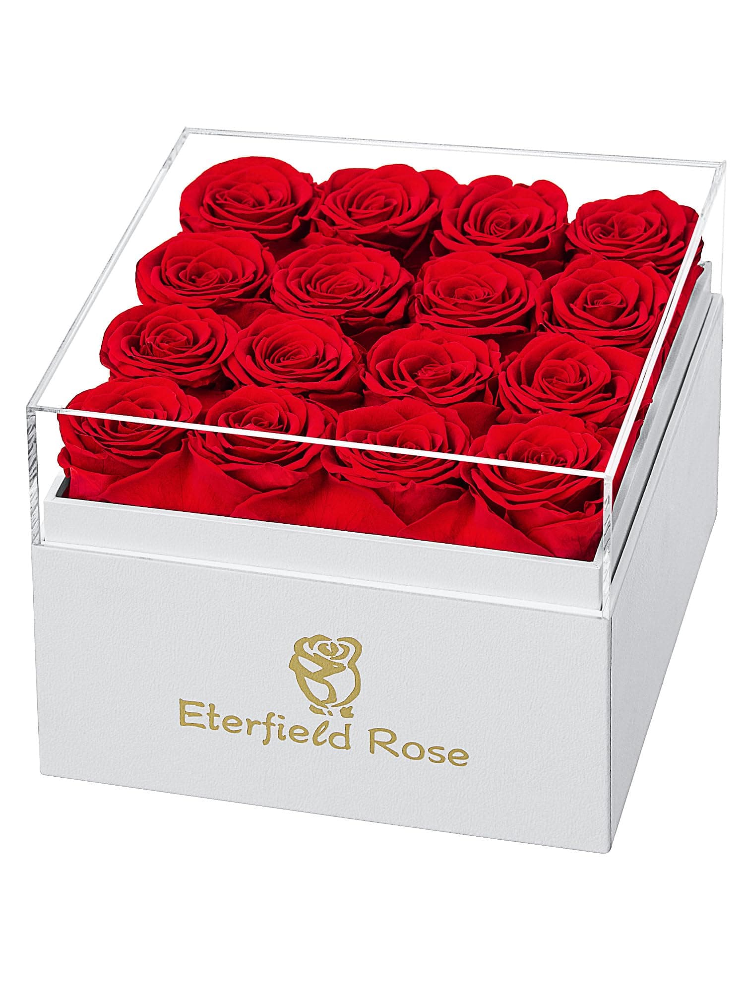 Eterfield Forever Flowers Preserved Roses Real Roses that Last Over a Year Rose Box Gifts for Her Mothers Day Valentines Day Christmas (Square White Box, 16 Red Roses)