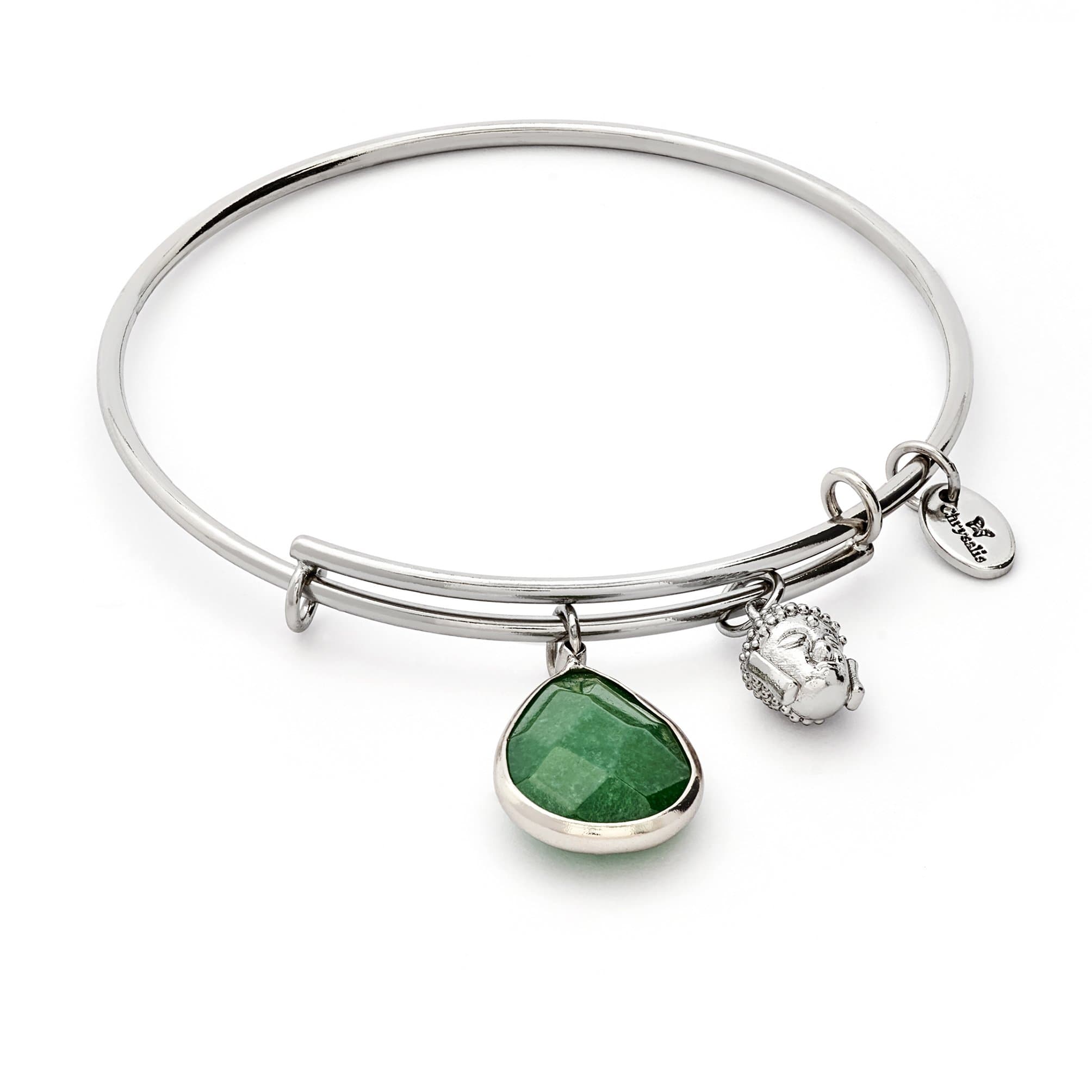 Chrysalis, May - Lunar Emerald Jade tear drop and Buddha charm expandable rhodium plate bangle. Wear your Emerald Jade charm to attract success and new opportunities.