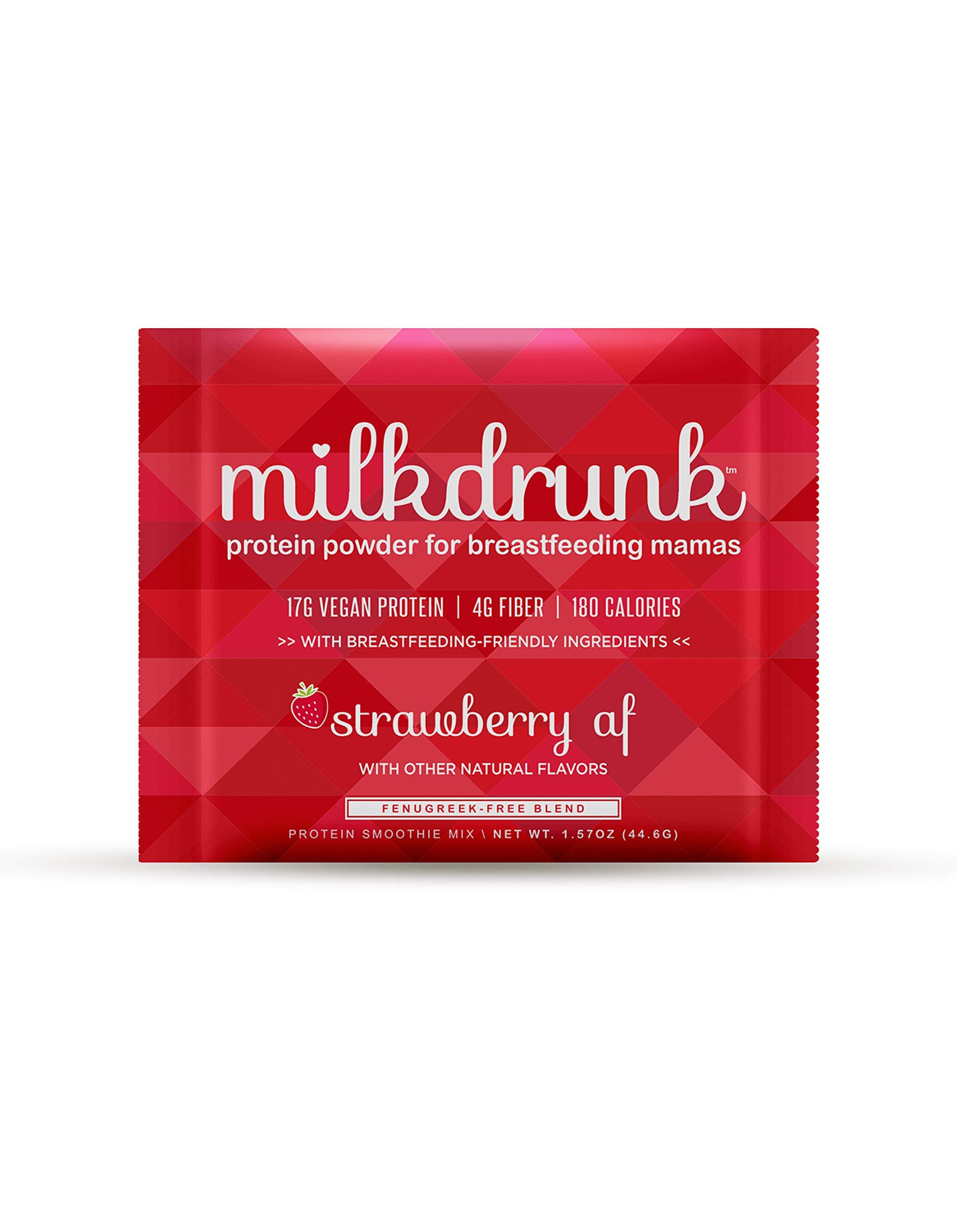 6-Pack Pouches - Milk Drunk Fenugreek-Free - Strawberry Dairy Free Protein Powder for Breastfeeding - Vegan Protein & Lactation-Boosting Nutrition - Oats, Flax, Brewer's Yeast - Gluten Free