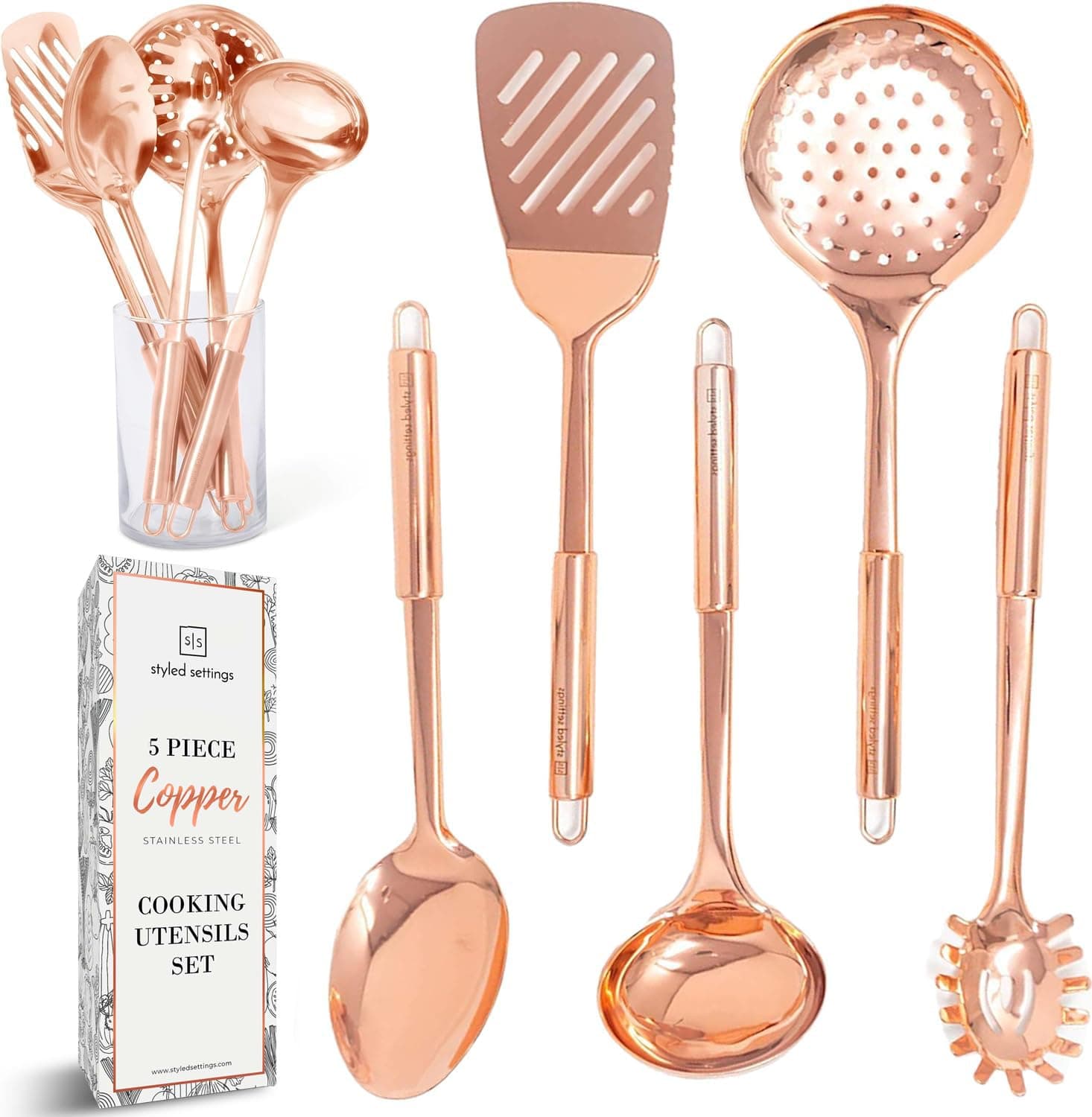 Copper Cookware for Cooking/Serving Rose Gold Kitchenware - Stainless Steel Copper Serving Utensils Set of 5 - Copper Ladle, Serving Spoon, Pasta Serving Fork, Spatula, Kitchen Skimmer