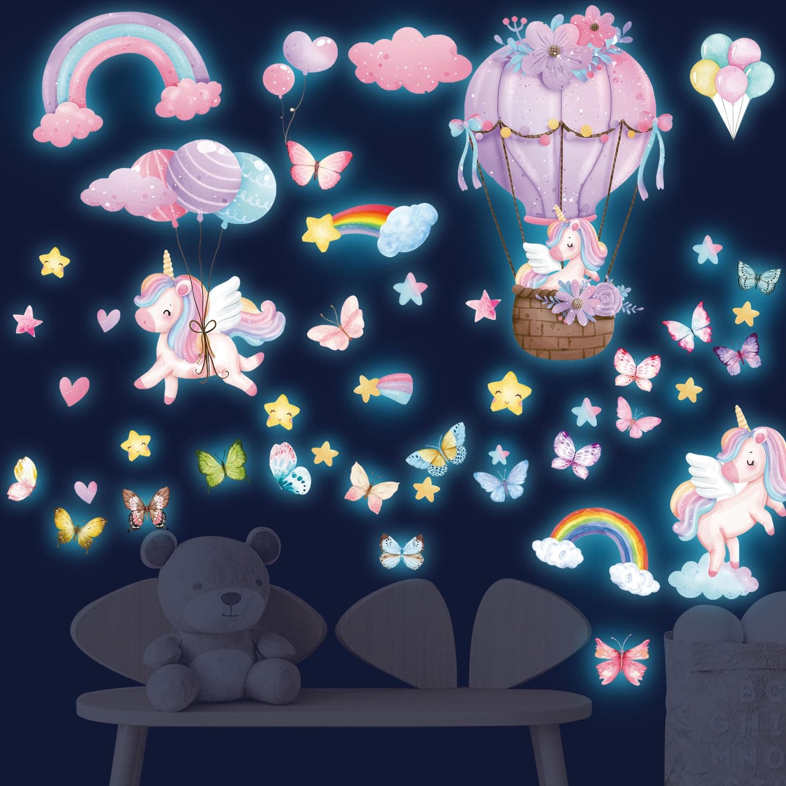 Tarklanda Glow in The Dark Stars for Ceiling Unicorn Wall Stickers Unicorn Rainbow Butterfly Wall Decals Luminous Unicorn Stars Ceiling Stickers for Girls Baby Kids Bedroom Living Room Nursery Blue
