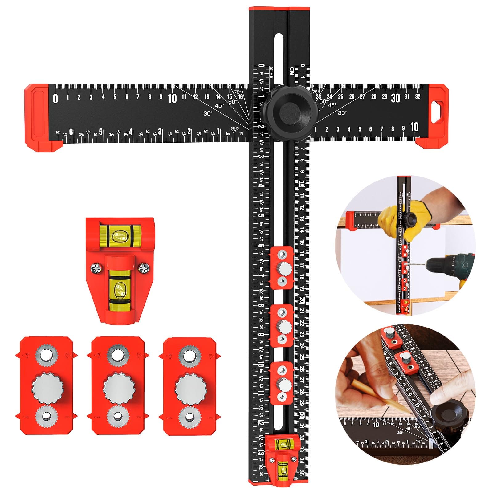 5-in-1 T Square Ruler - Multifunctional Drilling Positioning Ruler 35cm/14in Adjustable Angle Ruler,Cabinet Hardware Jig,for Precision Hole Punching Angle Measurement and Marking,Metric and Imperial
