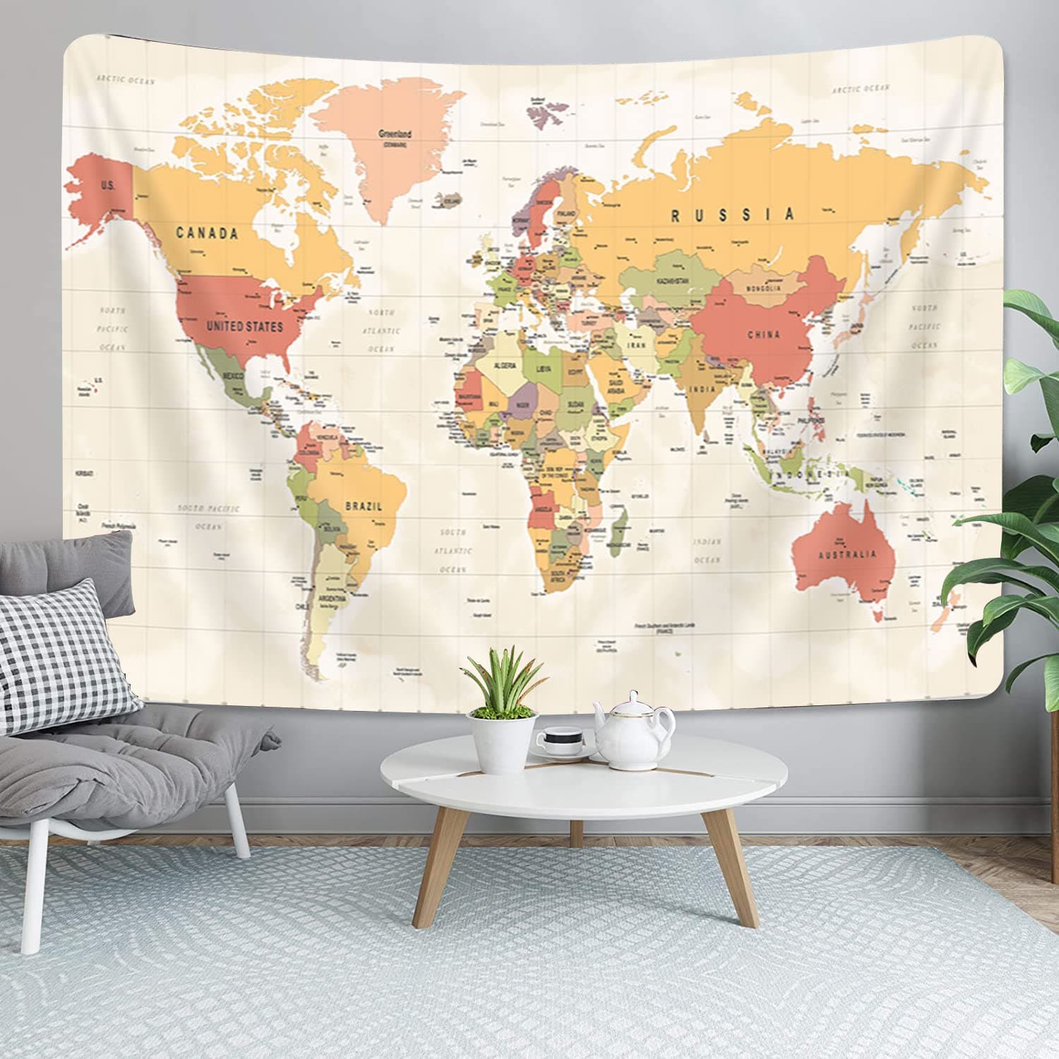 World Map Tapestry, Map of World Vintage Topography Educational Tapestries Posters for College Kids Student Dorm Wall Art, Geographical Travel Map Tapestry for Bedroom Living Room, 60X40in