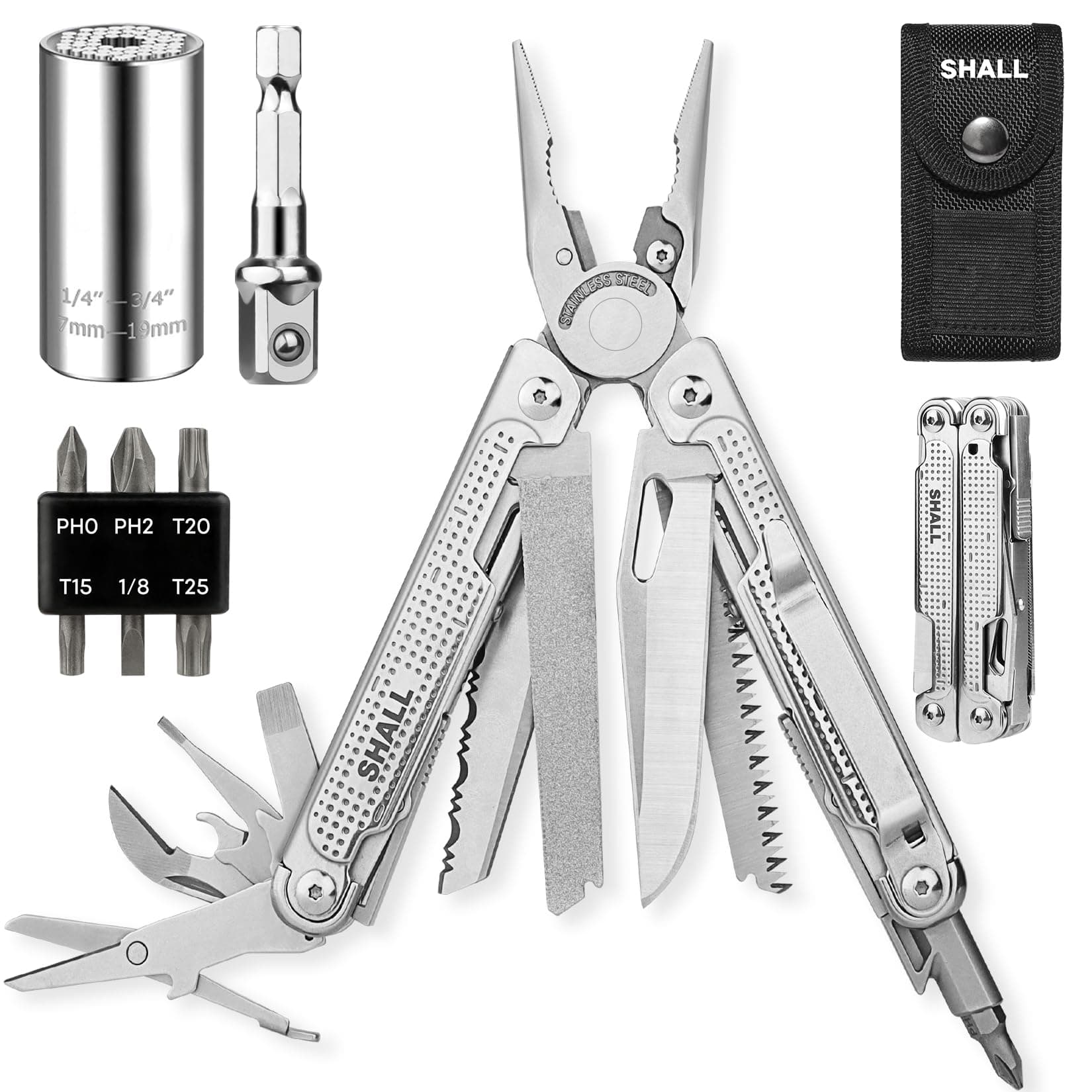 Multi Tool, 18-in-1 Multitool Pliers, Screwdriver Bit & Universal Socket, Self-Locking Multipurpose Tool w/Sheath for Camping Fishing Survival Hunting