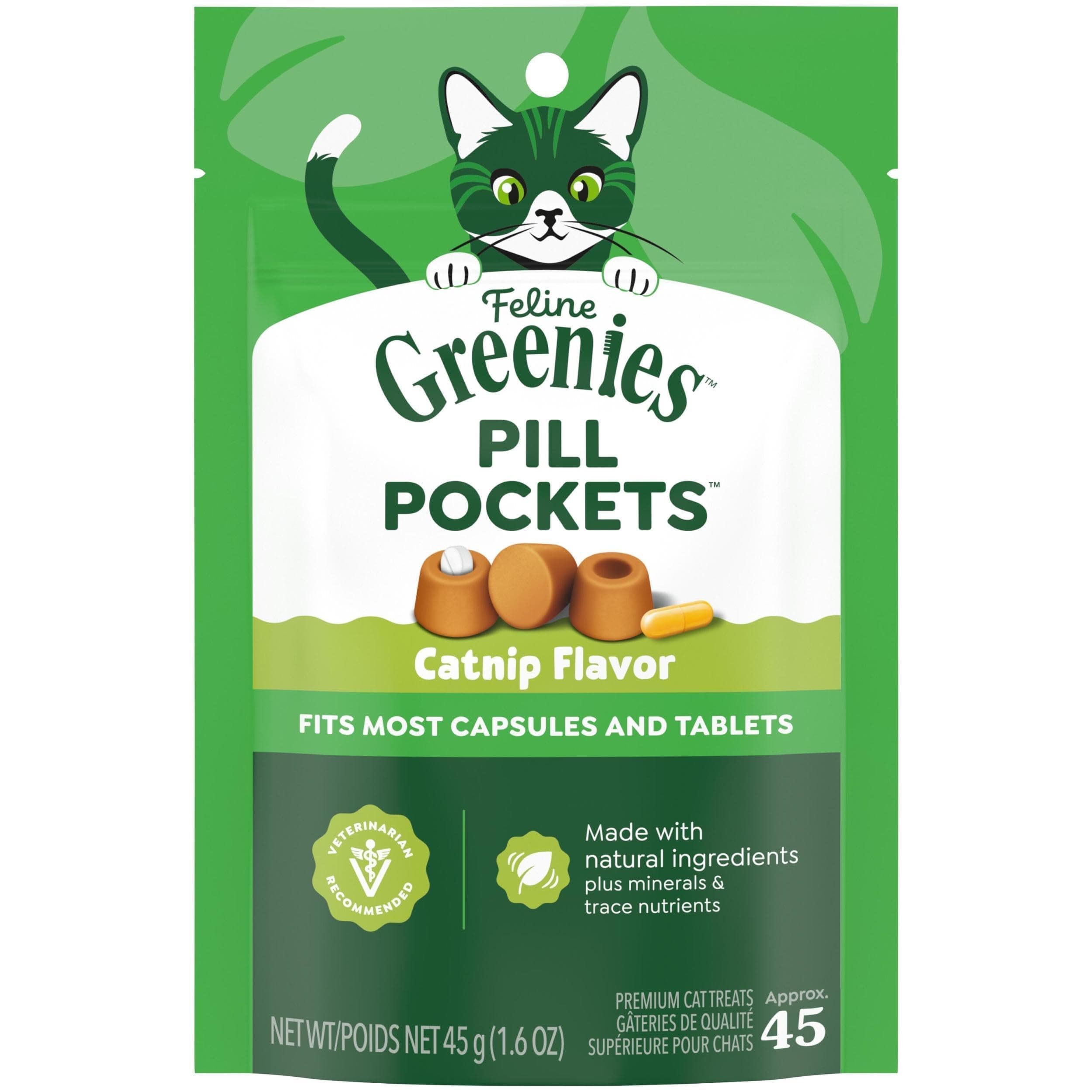 Greenies Feline Pill Pockets for Cats Natural Soft Cat Treats, Catnip Flavor, 1.6 oz. Pouch (45 Treats)